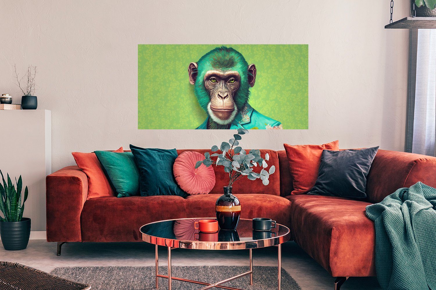 MuchoWow Poster Affe - (1 - Neon Porträt, Blumen - Rahmen, Ohne Wanddeko Wohnzimmer, St), Schlafzimmer, für Bild Wandposter, - Colbert