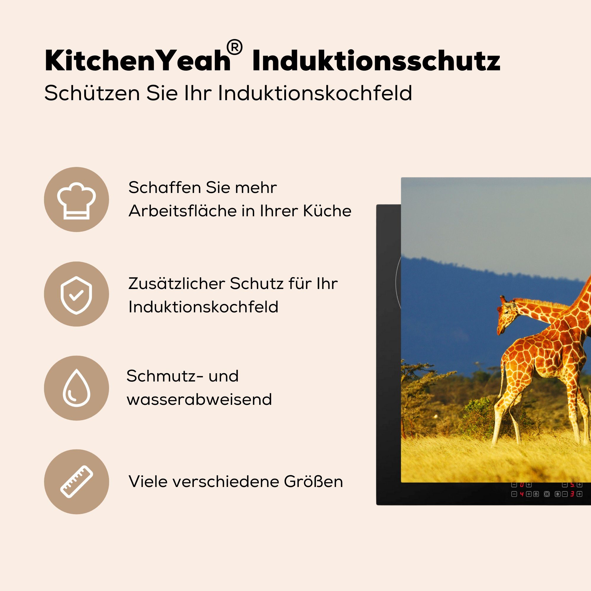 Giraffen in MuchoWow Drei (1 Herdblende-/Abdeckplatte Vinyl, Induktionskochfeld gelben 81x52 einer Schutz Ceranfeldabdeckung die Steppe, küche, tlg), cm, für