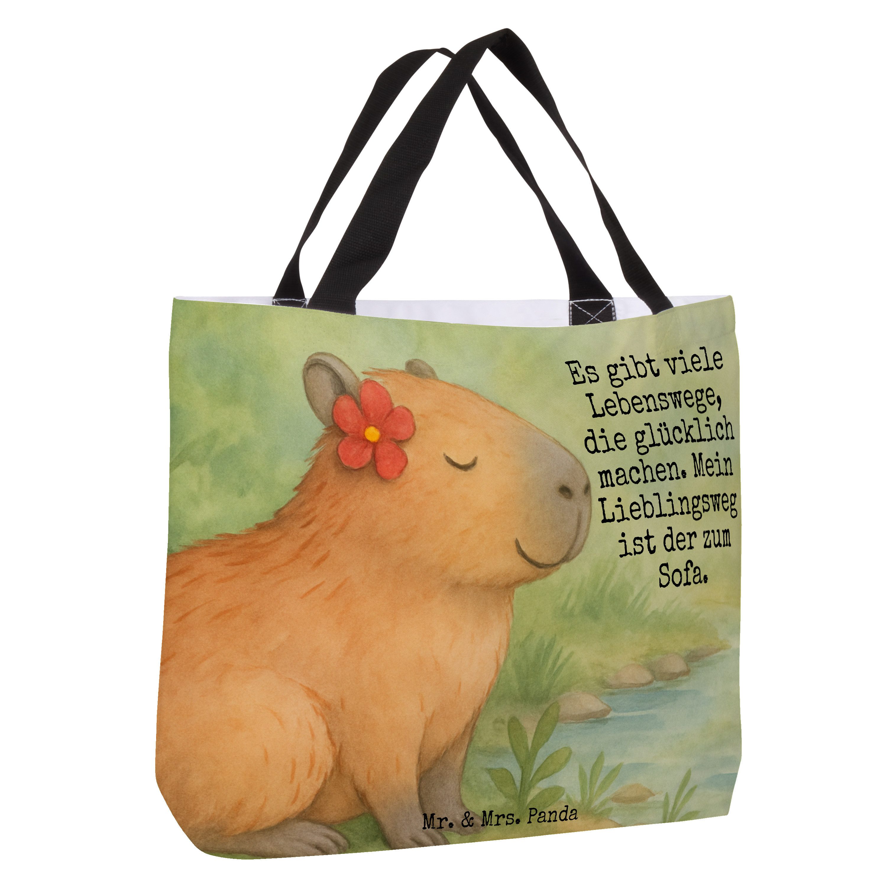 Mr. & Mrs. Panda Shopper Capybara Blume Design, Tote Bag, Weiß, Beutel, Reisetasche, Einkaufst (Packung), Pandatasche Einkaufstasche Schultasche