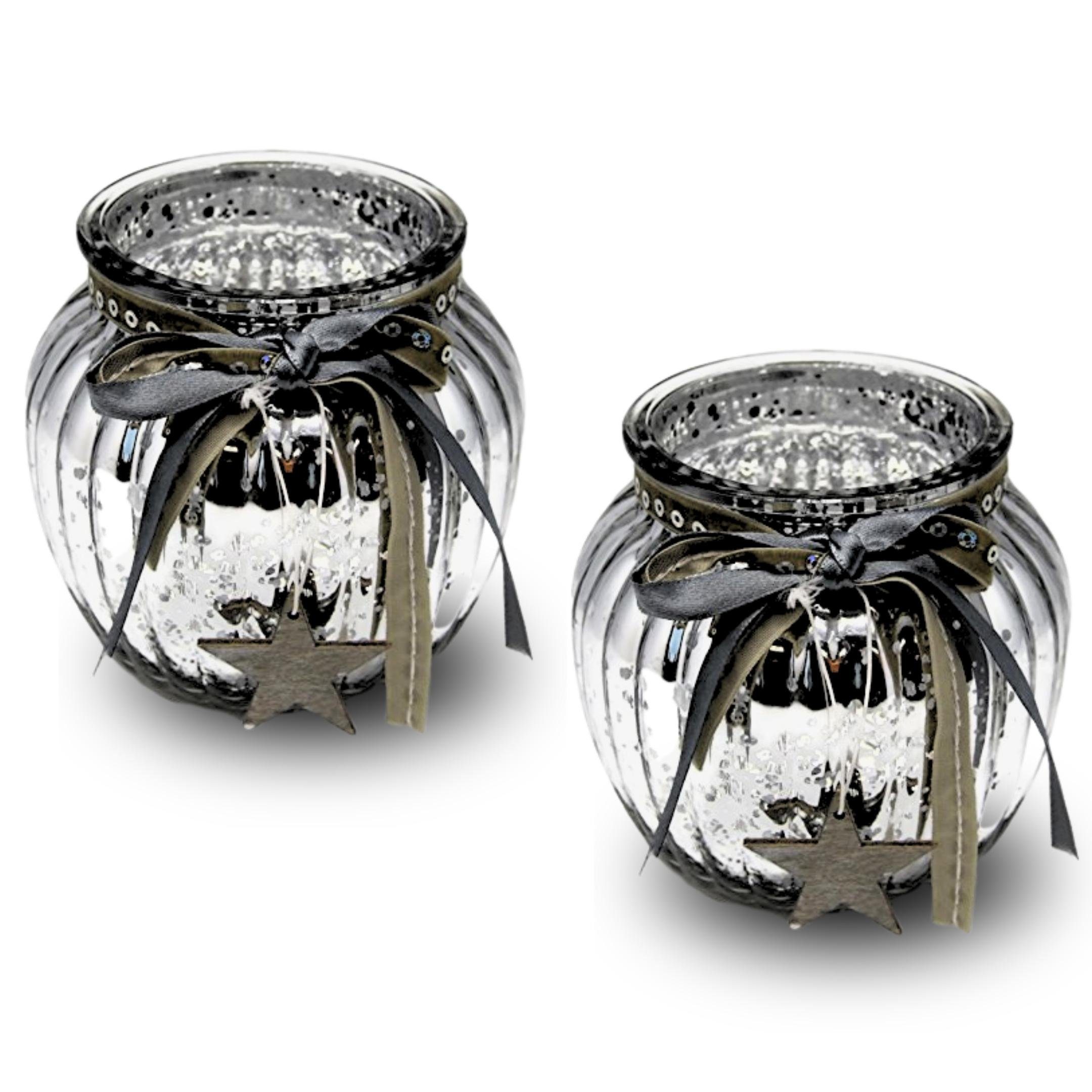 Bada Bing Windlicht Kerzenstender Silber Aus Glas mit Holz Stern Bauernsilber (Kerzenwindlicht, 2 St., 2er Set Teelichthalter), aus Glas