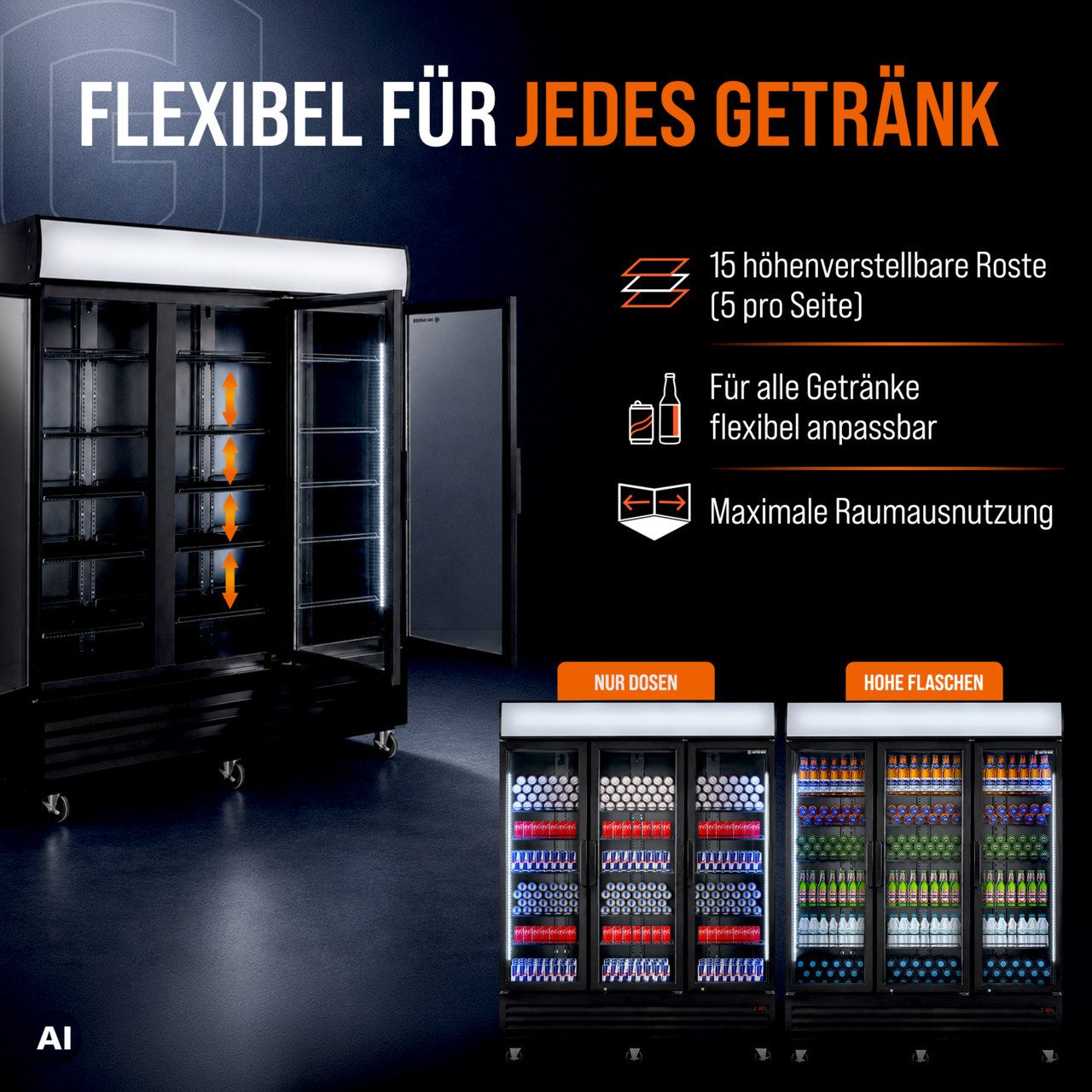 GastroHero Getränkekühlschrank Getränkekühlschrank 1500, Klapptüren, LED, schwarz GKS-1500KT, 213.5 cm hoch, 171 cm breit, LED-Leuchtaufsatz, 6 Rollen (3 gebrem – Bild 4 von 5