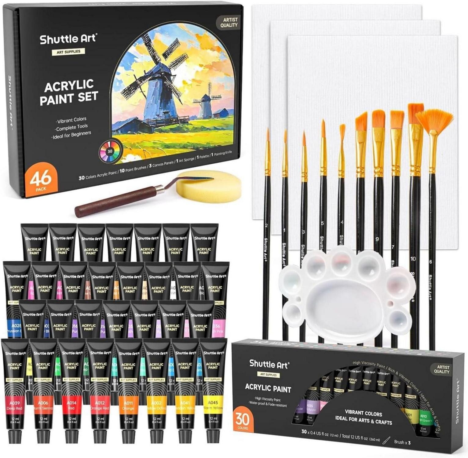 Shuttle Art Künstlerstift Acrylfarben Set 46-teilig 30 Farben Pinsel Leinwände Palette