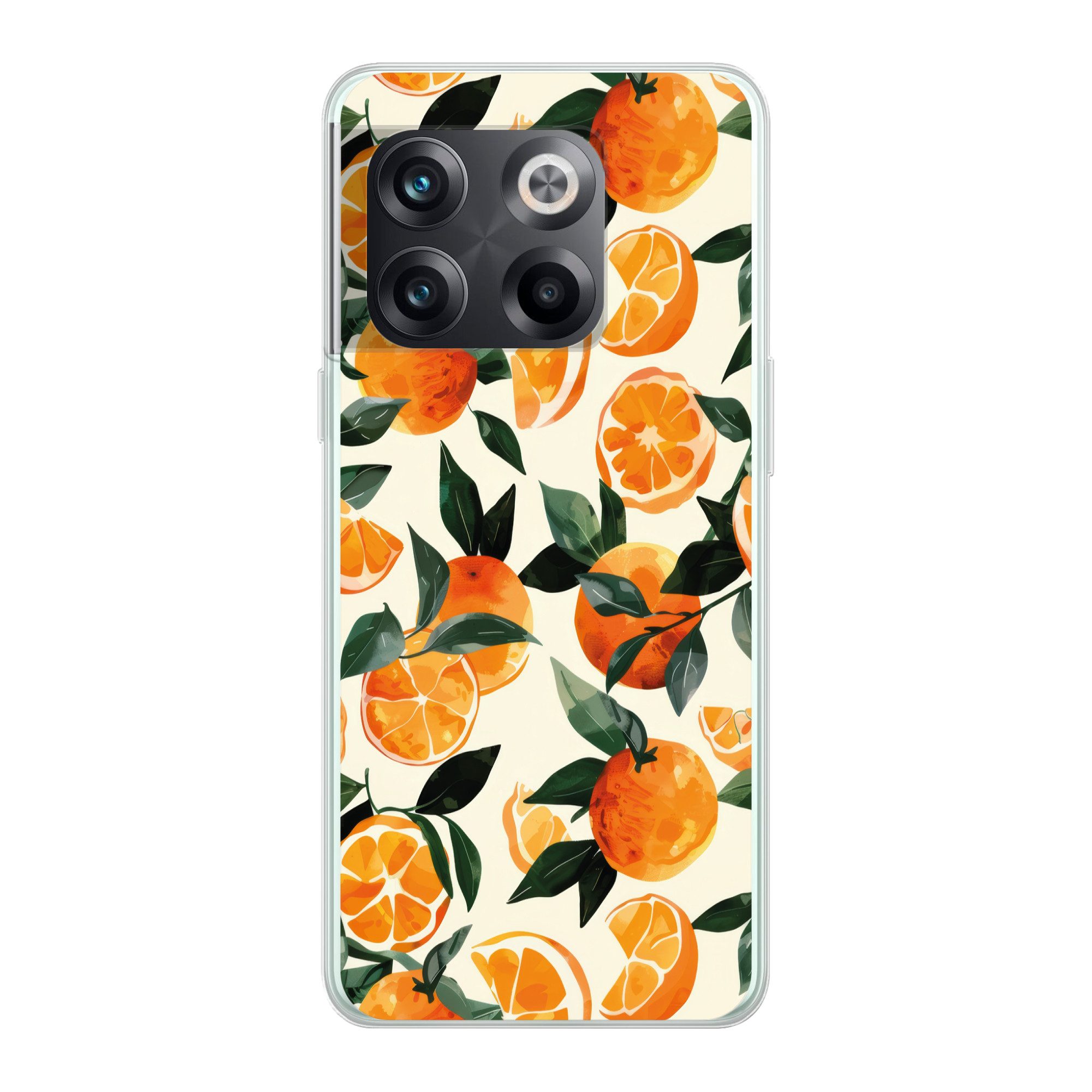 MuchoWow Handyhülle für OnePlus 10T Orangen - Früchte - Blätter - Orange - Grün - Beige, Phone Case, Silikon, Schutzhülle Dünn