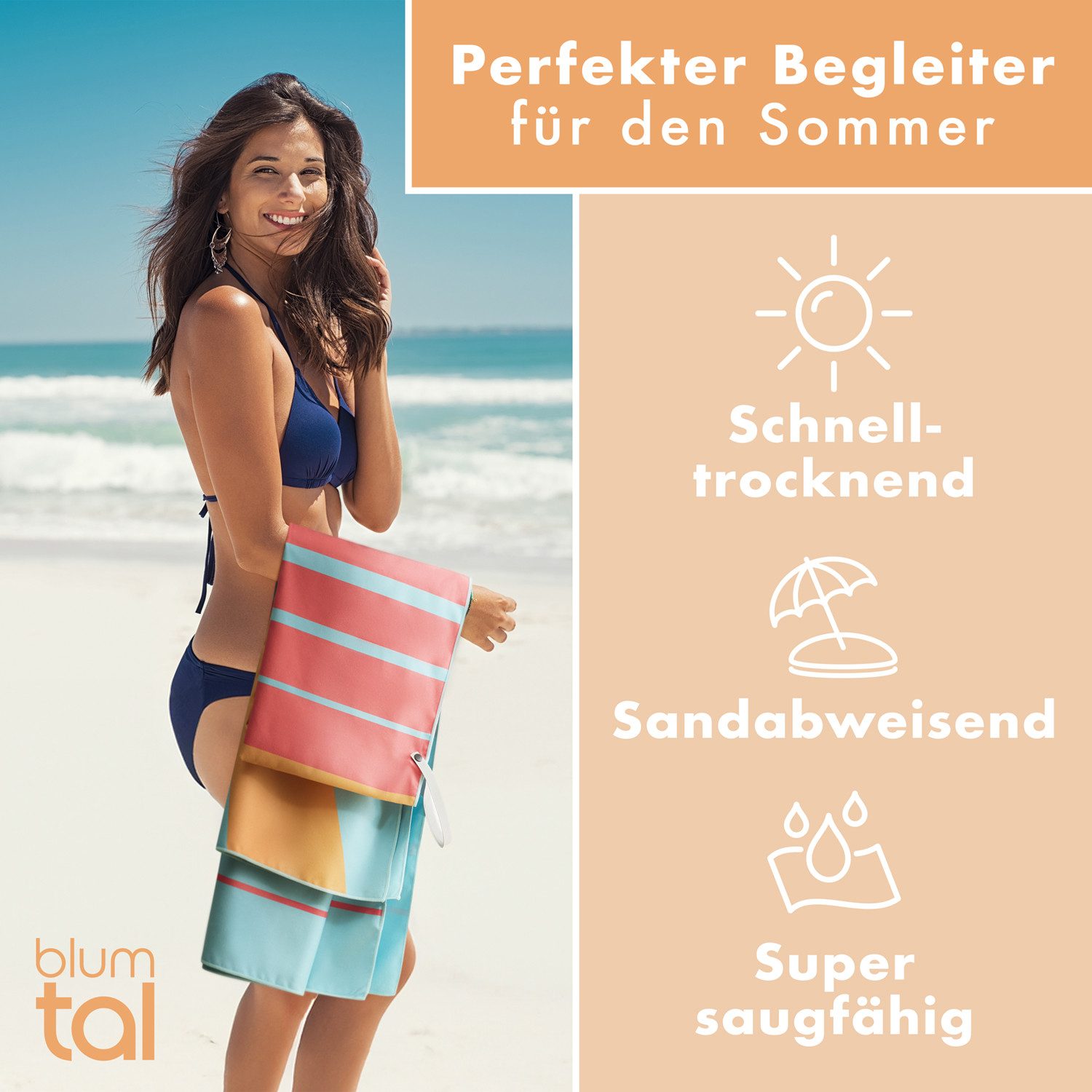 Blumtal Reisehandtuch Strandhandtuch 90x180 cm aus Mikrofaser - kompakt & schnelltrocknend, sandfrei mit Band - Mikrofaser Handtuch groß mit Wellen-Muster – Bild 4 von 5