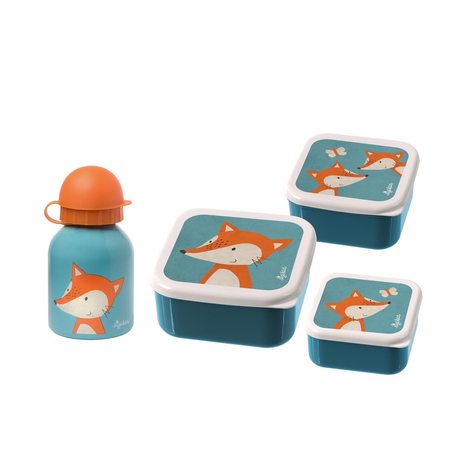 Sigikid Lunchbox Snackboxen + Trinkflasche 4er Set, Material-Mix, (4-tlg), Handwäsche wird empfohlen, ideal für den Alltag Fuchs, blau | Lunchboxen