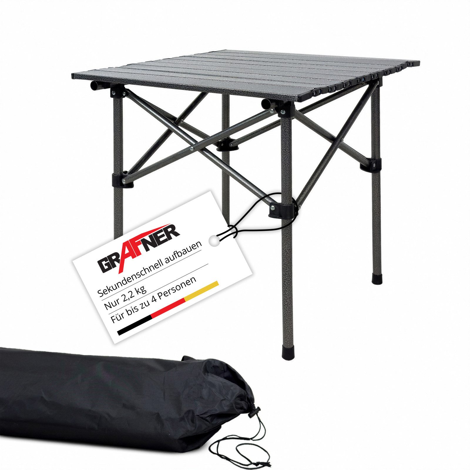 Grafner Campingtisch Rolltisch klappbar 53,5x50x50cm inkl. Transporttasche schwarz (2-St), bis zu 30 kg belastbar, aus Carbon-Stahl