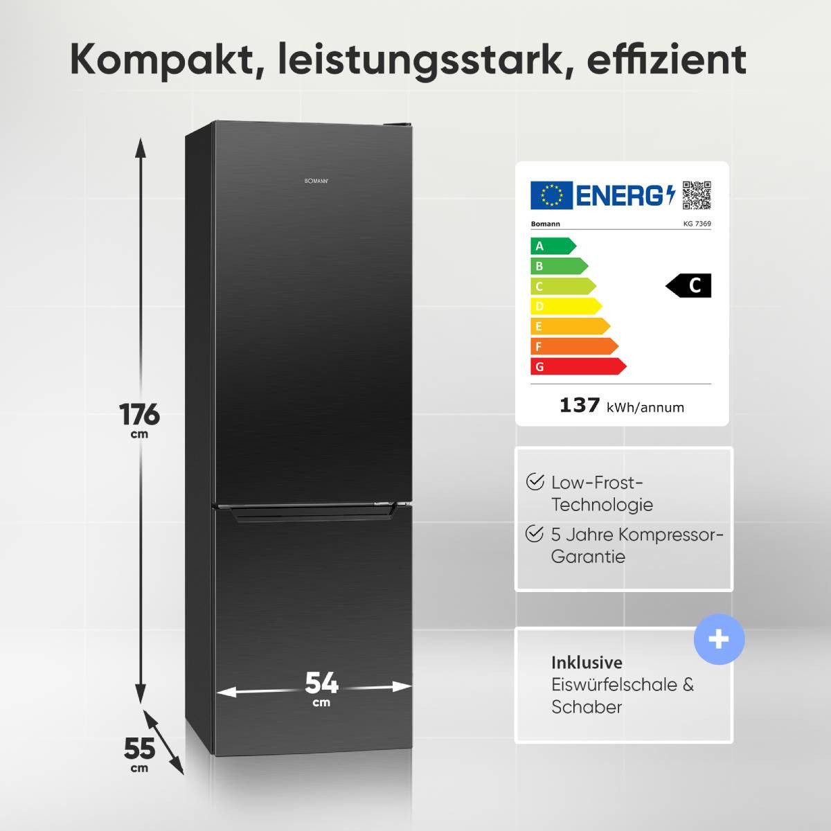 BOMANN Kühl-/Gefrierkombination KG 7369, 176 cm hoch, 54 cm breit, Energieklasse C, 176cm, LowFrost