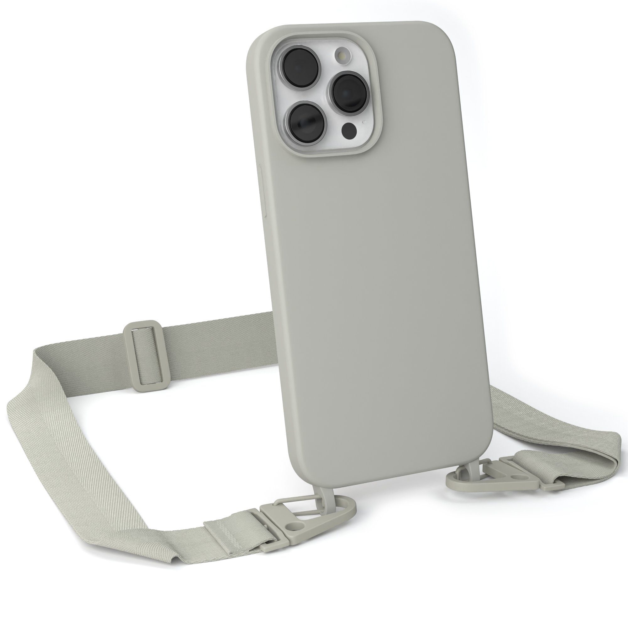 EAZY CASE Handykette Karabiner Breitband für Apple iPhone 14 Pro Max 6,7 Zoll, Ketten Hülle Transparent Case Kettenhülle abnehmbare Kordel Grau Taupe