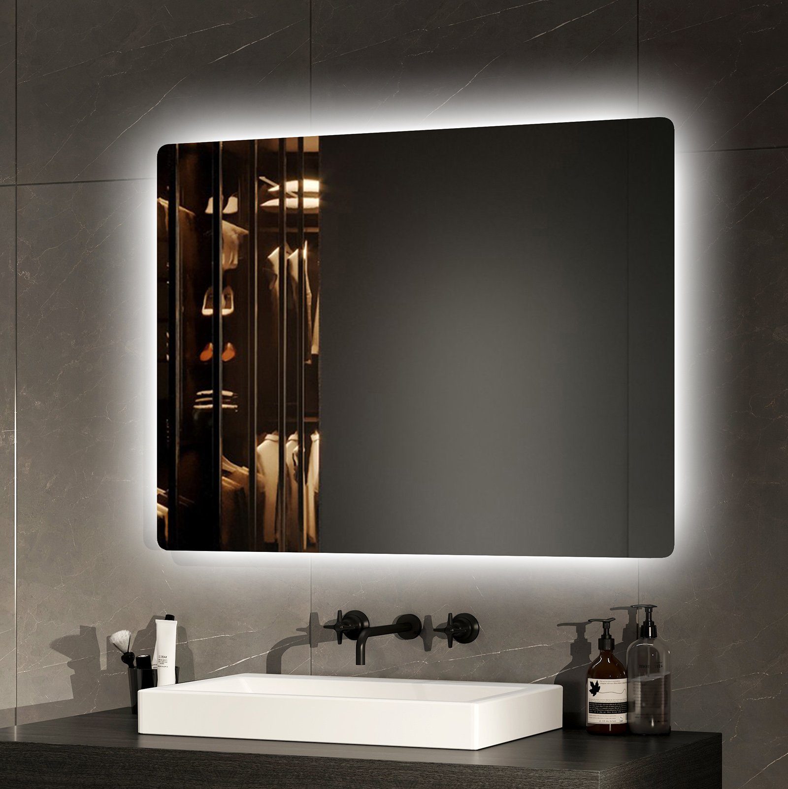 EMKE Badspiegel mit Beleuchtung Badezimmerspiegel Wandspiegel mit LED (Wandschalter, Modell 09, Vertikal und Horizontal möglich), Kaltweißes Licht 6500K 70-80cm IP44