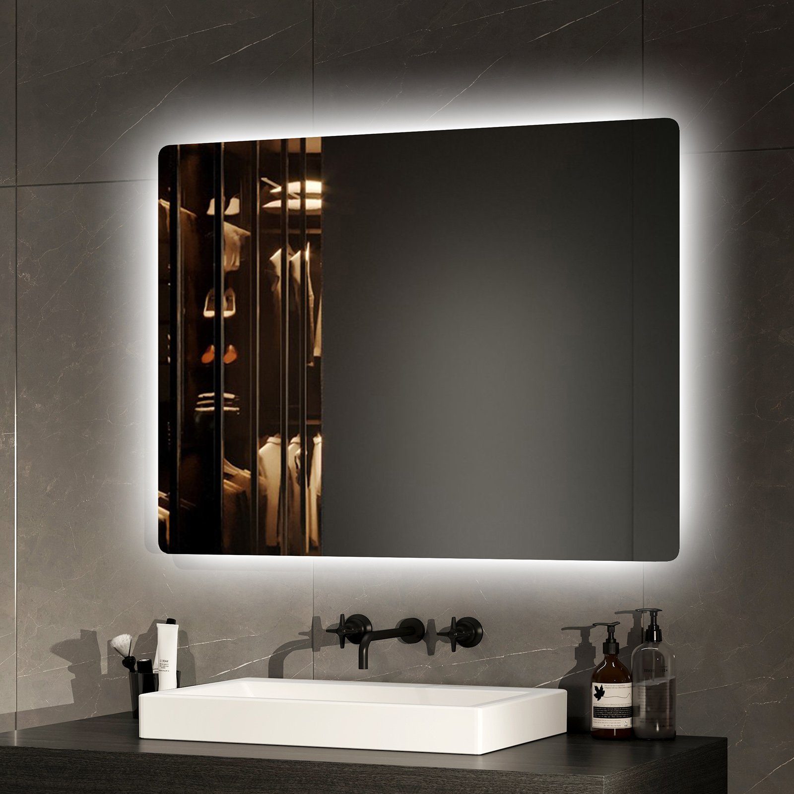 EMKE Badspiegel LED Badezimmerspiegel mit Beleuchtung rahmenlos Rechteckig Wandspiegel (Vertikal und Horizontal möglich), Wandschalter, Kaltweißes Licht 6500K 70-80cm IP44