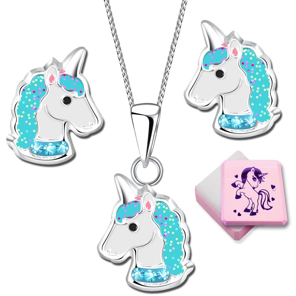 Limana Schmuckset echt 925 Sterling Silber Einhorn Pferde Kette mit Ohrringe Ohrstecker, Anhänger Glitzer Geschenkidee Geschenk K756 P11 40+5cm V9