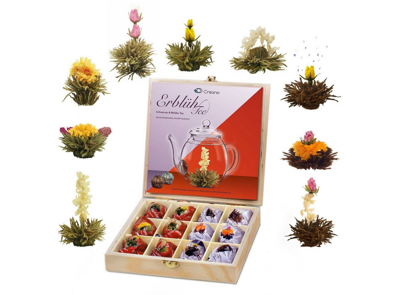 Creano Tee Teeblumen Geschenkset, 12 Erblühtee in 9 Sorten Weiß- & Schwarztee, 1 x 12 St.