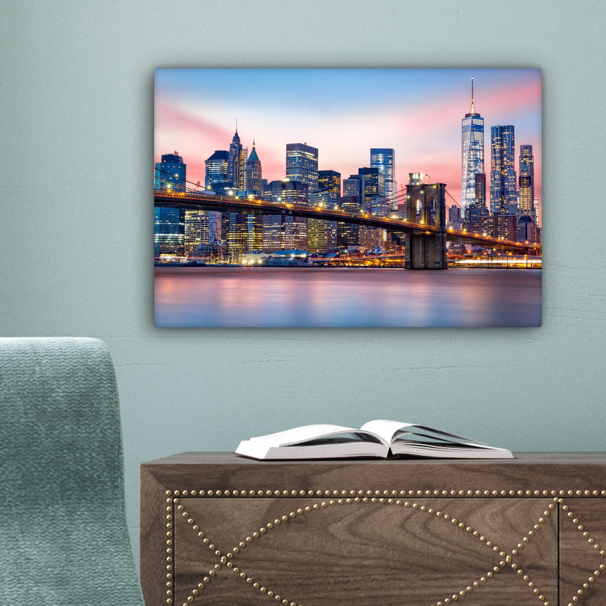 OneMillionCanvasses® Leinwandbild New York - Brooklyn-Brücke - Beleuchtung, Fotodruck (1 St), Leinwand Bilder Klein, Wand Dekoration Aesthetic 30x20 cm – Bild 3 von 5