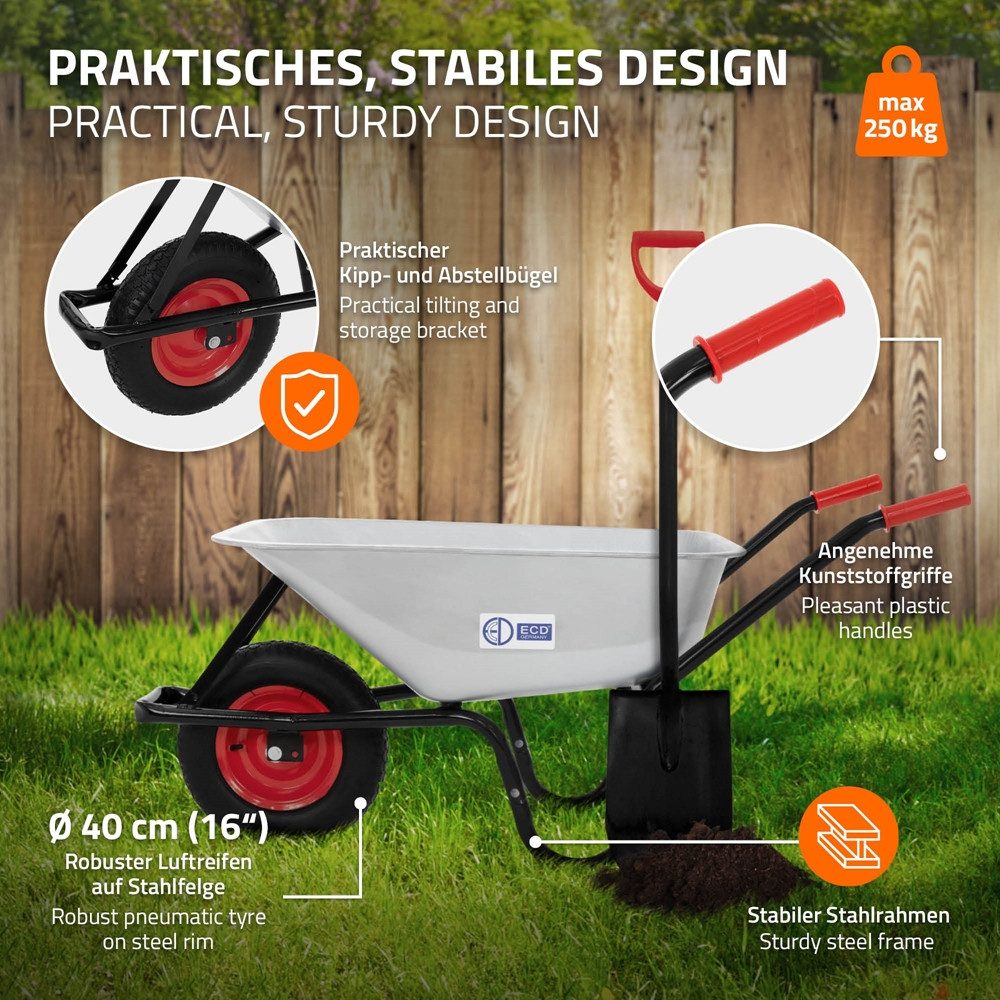 ECD Germany Schubkarre Bauschubkarre Transportkarre für Garten 100L mit Metallfelge, Gartenschubkarre Stahl Wanne Silber 143cmx59cmx65cm Arbeitskarre