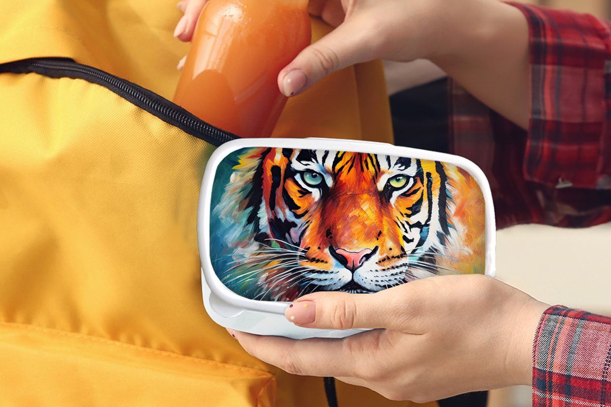 Brotbox Kunst, (2-tlg), Ölgemälde für Kinder - weiß Mädchen Kunststoff, Erwachsene, Lunchbox - Tiger Brotdose, MuchoWow Tiere und und für - Jungs