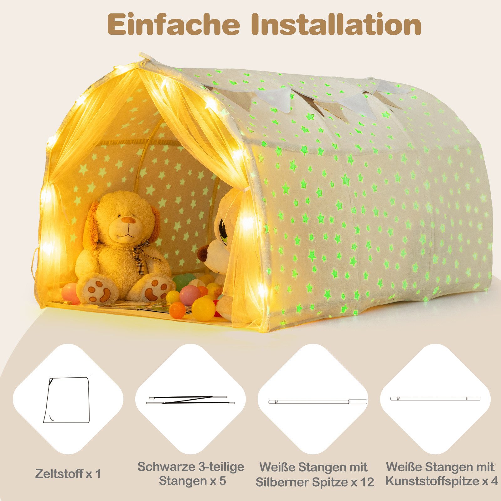 COSTWAY Bed Tent Magic Play Tent with Glow-in-the-Dark Stars & Net Curtains