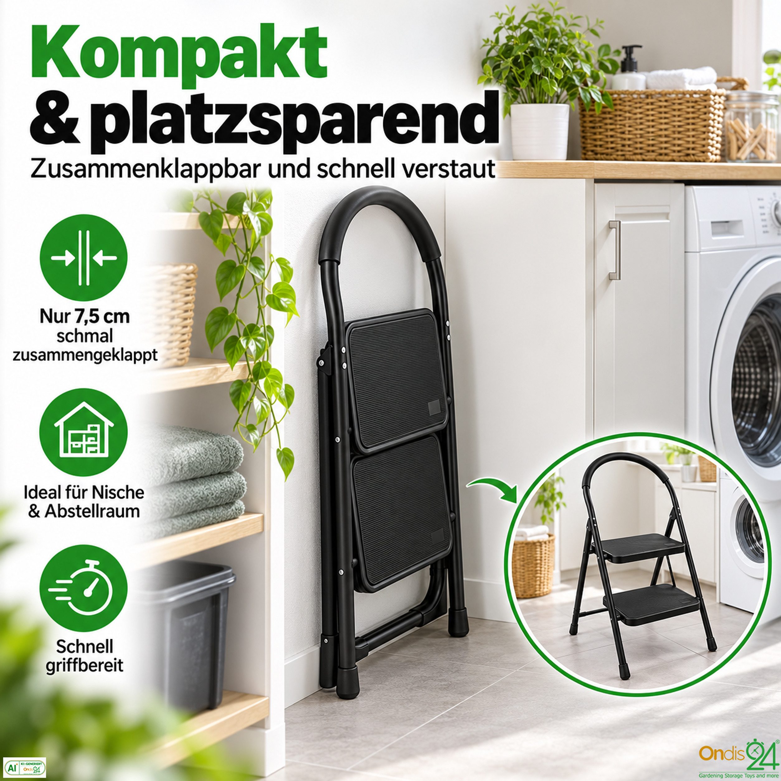 ONDIS24 Trittleiter Klapptritt Hugo XXL Stufen klappbare Leiter bis zu 150kg, pulverbeschichteter Stahl extra langer Softgriff – Bild 5 von 5
