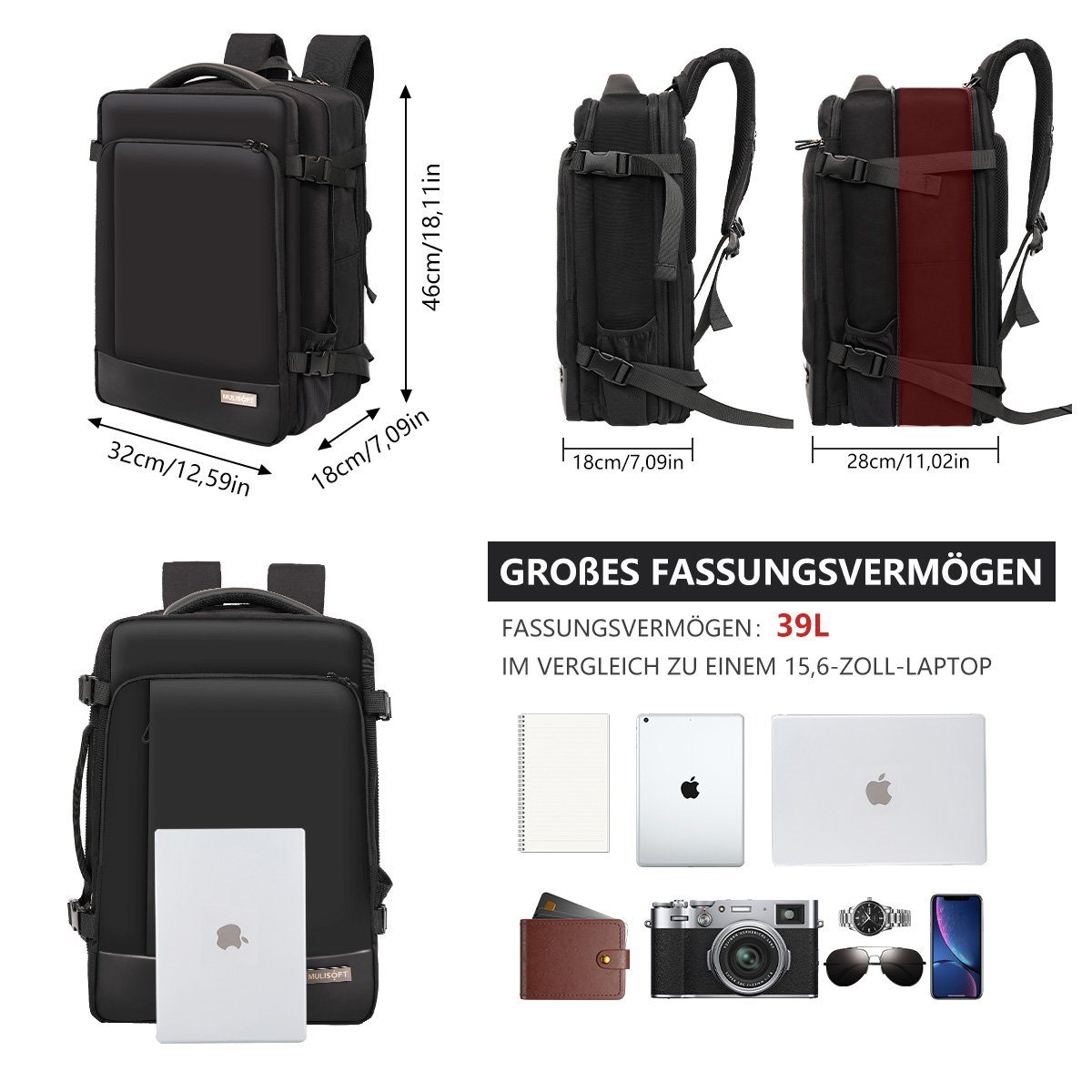 MULISOFT Freizeitrucksack Laptop,Schwarz, Reiserucksack zoll und mit Erweiterbarer USB-Ladeanschluss Laptoprucksack 46x32x28cm für Laptopfach 17