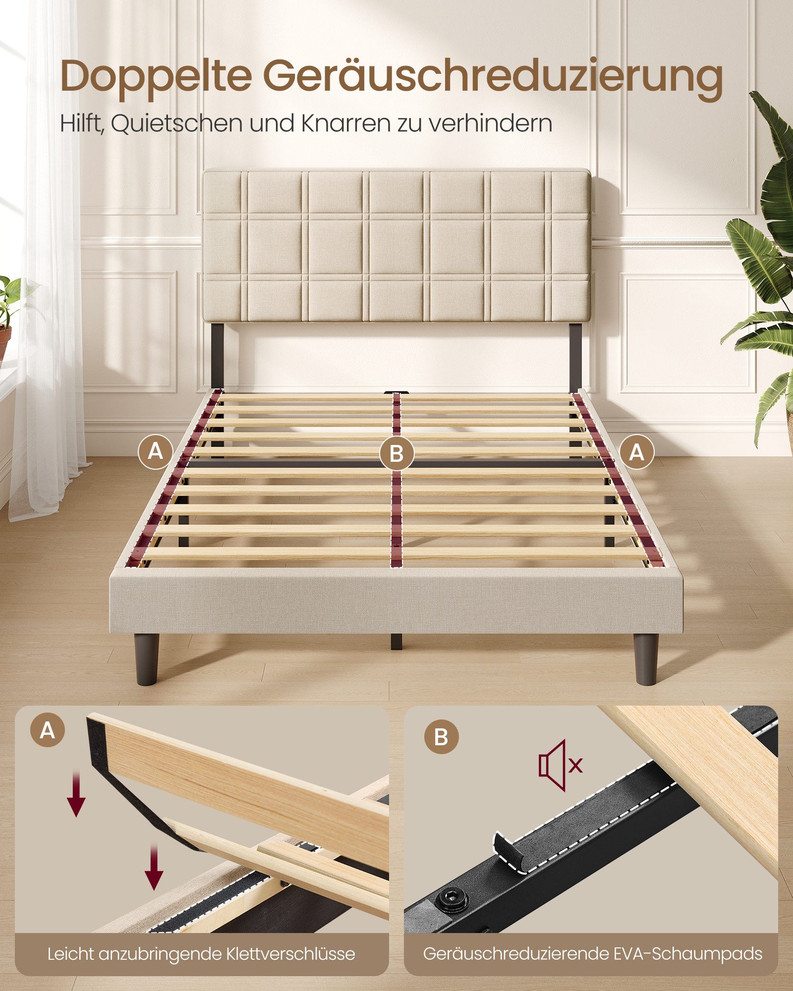 VASAGLE Polsterbett Doppelbett mit Gepolstertem und höheverstellbarem Kopfteil, 140 x 200 cm Cappuccinobeige,Geräuschlos und Einfache Montage – Bild 5 von 5