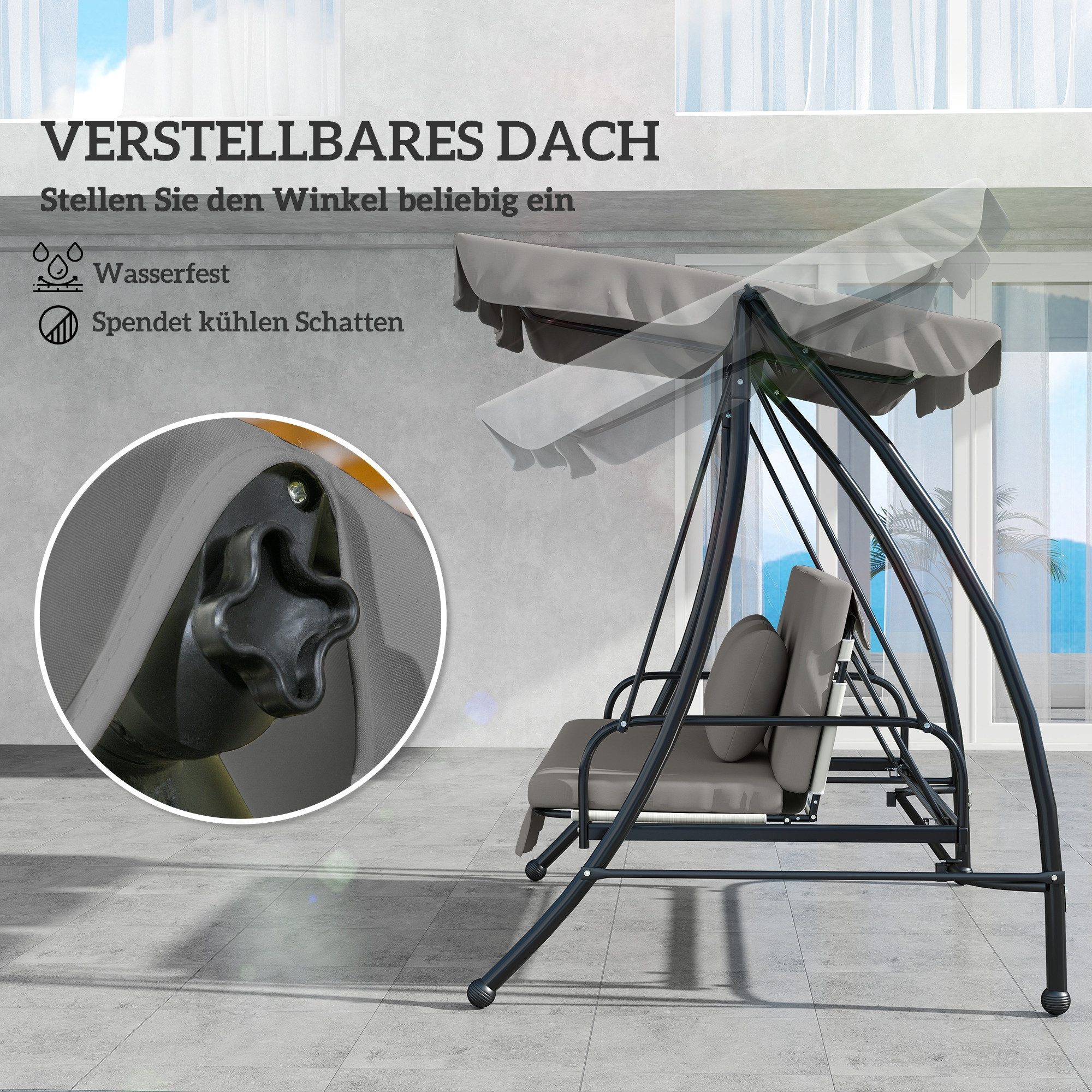 Outsunny Hollywoodschaukel Gartenschaukel mit Sonnendach, belastbar 240 kg, Gartenliege, 3-Sitzer, Bettfunktion, Schaukelstuhl, 1 tlg., Gartenschaukel, für Gart – Bild 5 von 5