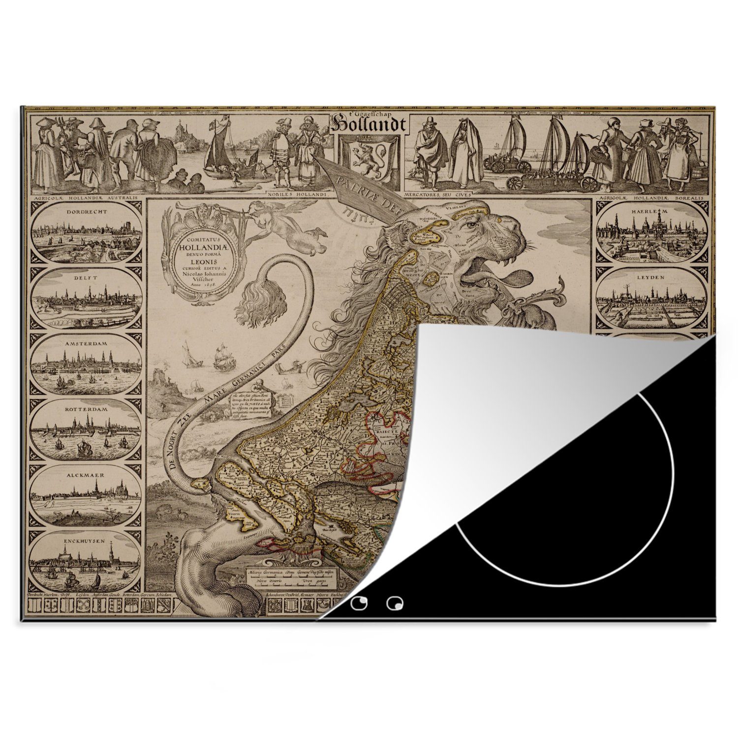 MuchoWow Herdblende-/Abdeckplatte Karte der Niederlande in Form eines Löwen, Vinyl, (1 tlg), 70x52 cm, Mobile Arbeitsfläche nutzbar, Ceranfeldabdeckung