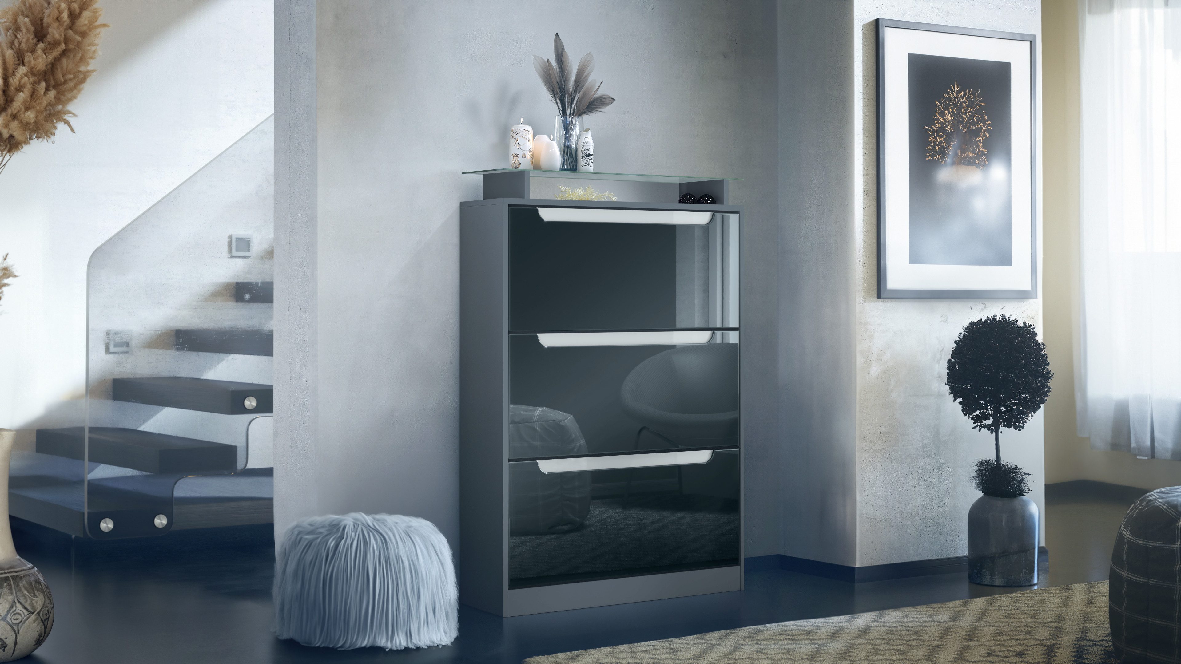 Vladon Schuhschrank Space (Schuhkipper, für 24 Paar Schuhe mit 3 Klappen und Glasablage) Anthrazit matt/Schwarz Hochglanz (89 x 128 x 23 cm)