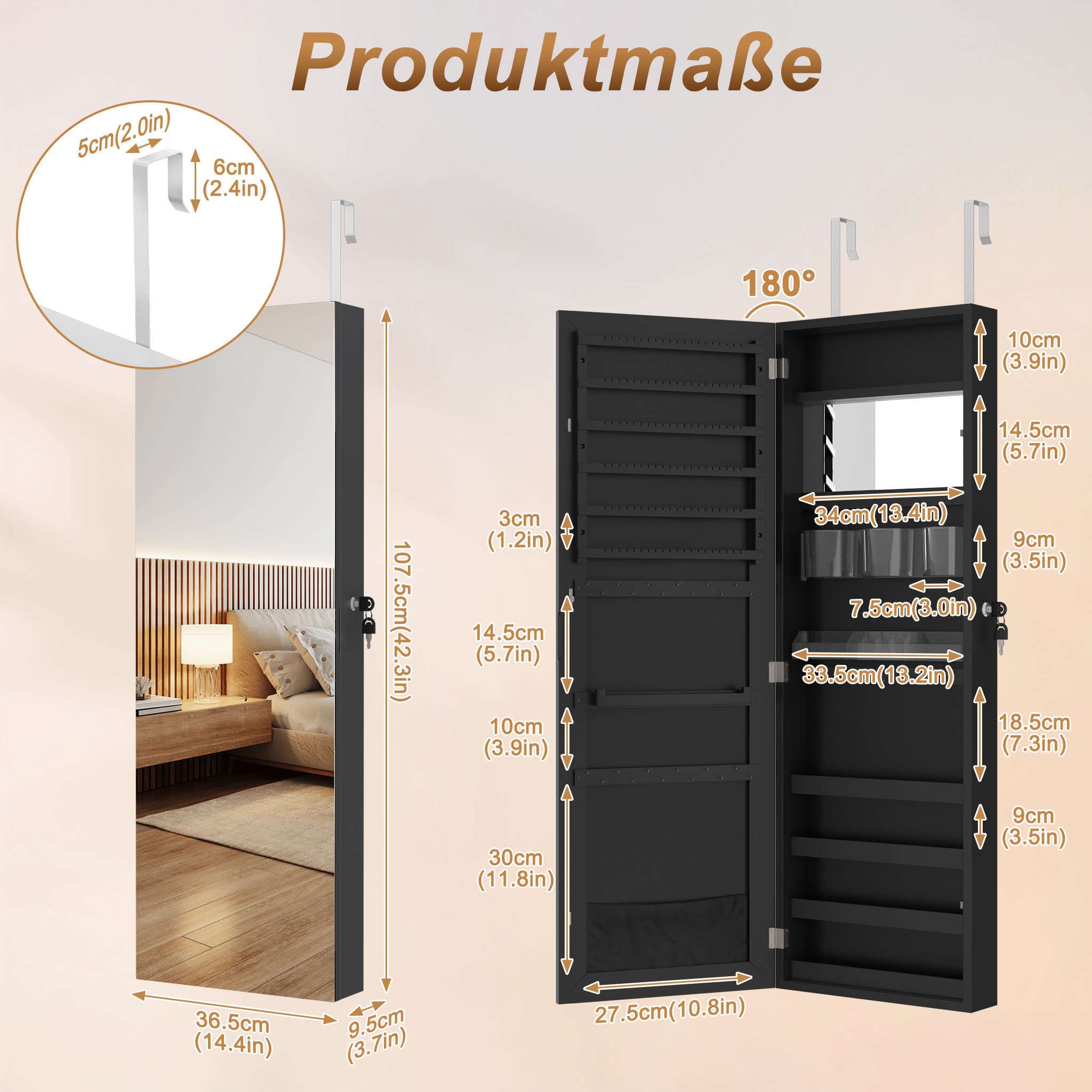 FIVMEN Schmuckschrank Spiegelschrank zur Aufhängen Hängend Abschließbar 2 in 1 Wandspiegel und Schmuck Organizer Wandmontage Weiß/Schwarz