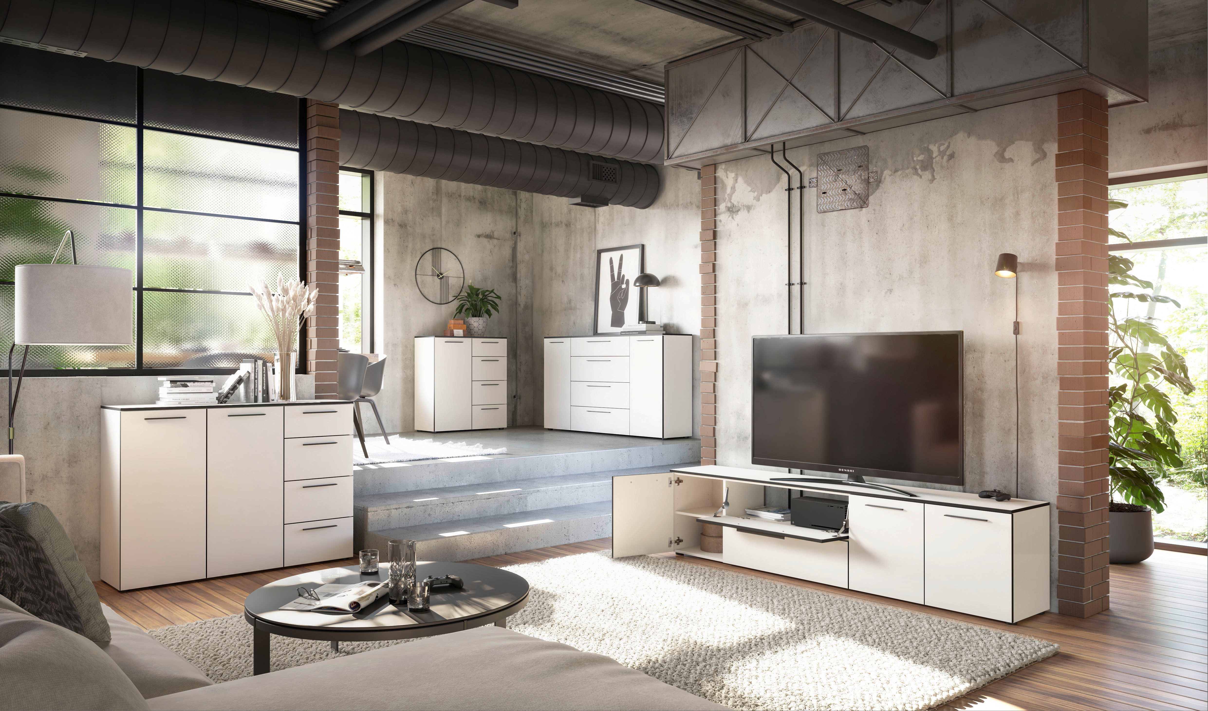 Manjana Möbel Kommode mit Schwarz matten Metallgriffen in verschiedenen Ausführungen, mit Soft-Close-Funktion, mit variabel einsetzbaren Einlegeböden