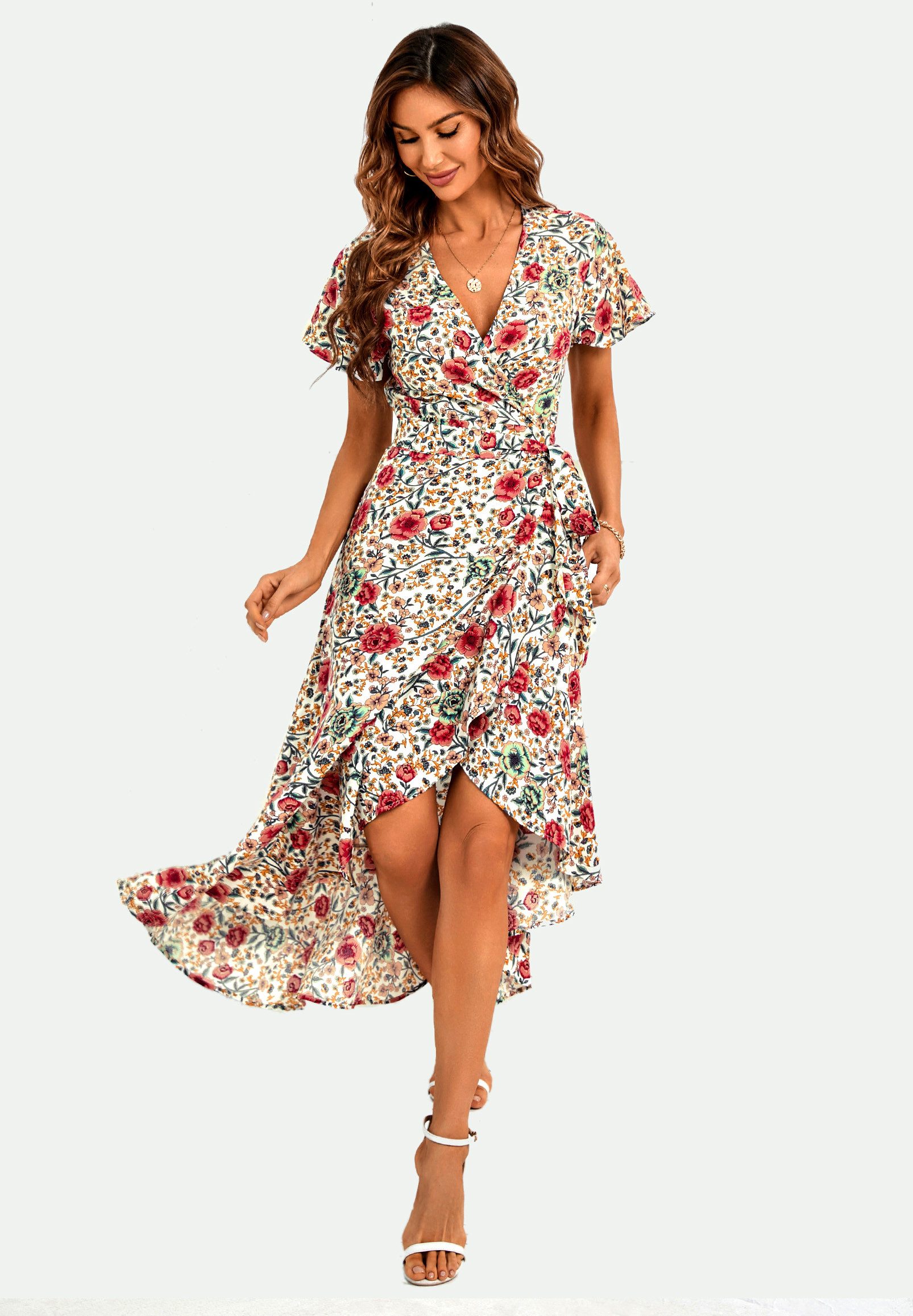 FS Collection Wickelkleid Damen Wickel Midikleid Sommerkleid V-Ausschnitt Engelsärmel festlich Creme und Weiß aus 100% Baumwolle - Beige aus 100% Viskose