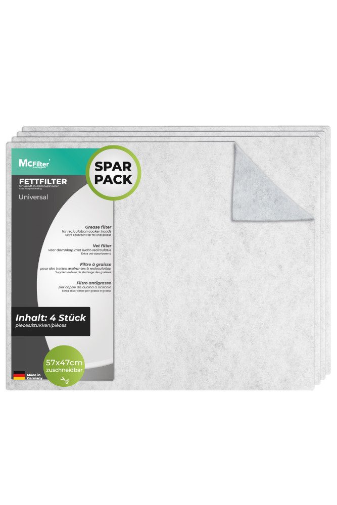 McFilter Fettfilter (4 Stück) Universal Dunstfilter Filter 57 x 47cm, Zubehör für alle handelsüblichen Dunstabzugshauben, extra speicherfähig, zuschneidbar, Schwer entflammbar nach DIN 53438