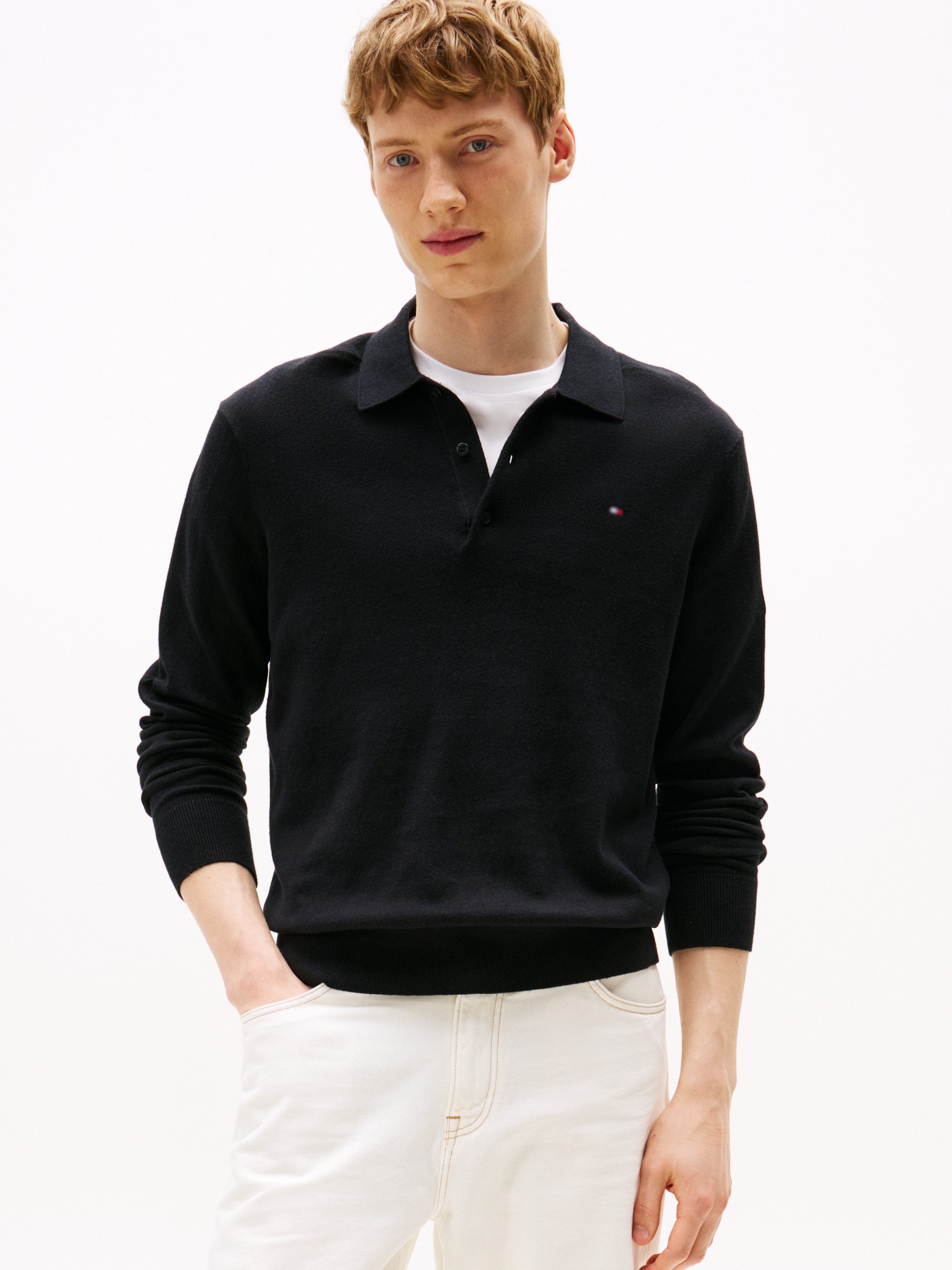 Tommy Hilfiger Polokragenpullover PIMA ORG CTN CASHMERE LS Flag-Stickerei auf Brust