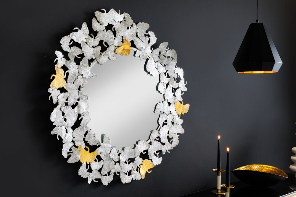 riess-ambiente Wandspiegel 90cm Rahmen · / · LEAFS GINKGO Dekoration · XL · Wohnzimmer Handmade · gold rund silber mit (1-St), Metall