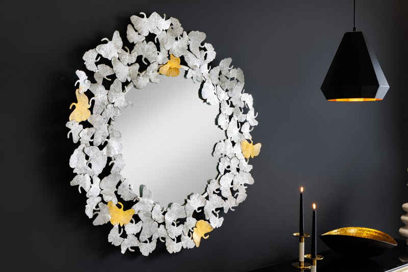 riess-ambiente Wandspiegel GINKGO LEAFS XL 90cm gold / silber (1-St), Wohnzimmer · Metall · rund · Dekoration · mit Rahmen · Handmade
