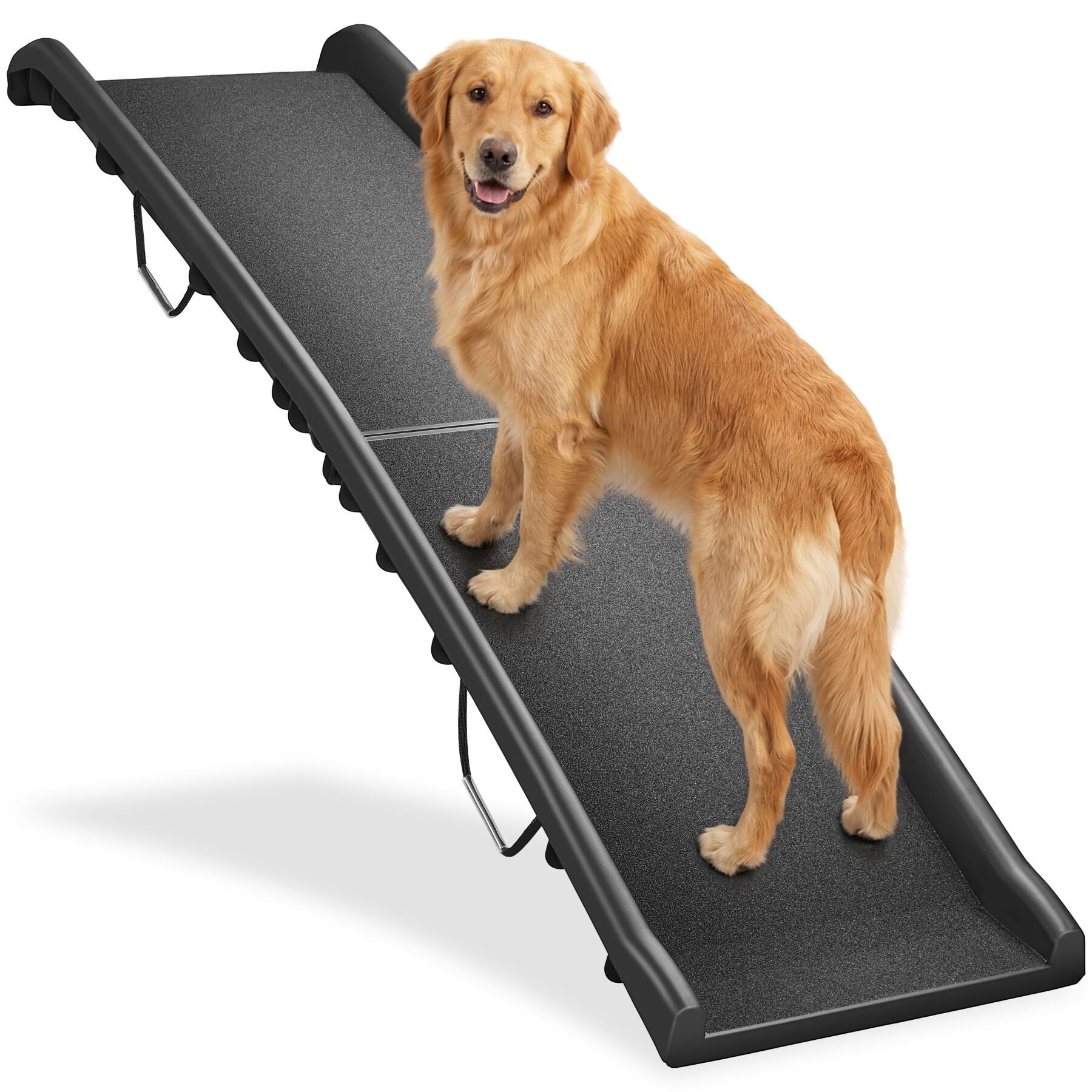 tectake Hunderampe Einstiegsrampe für Hunde, 155 x 40 x 14 cm, klappbar und rutschfest (Klapprampe Paw Step, in schwarz), Belastbarkeit 90 kg, mit kunststoffummantelten Trageschlaufen