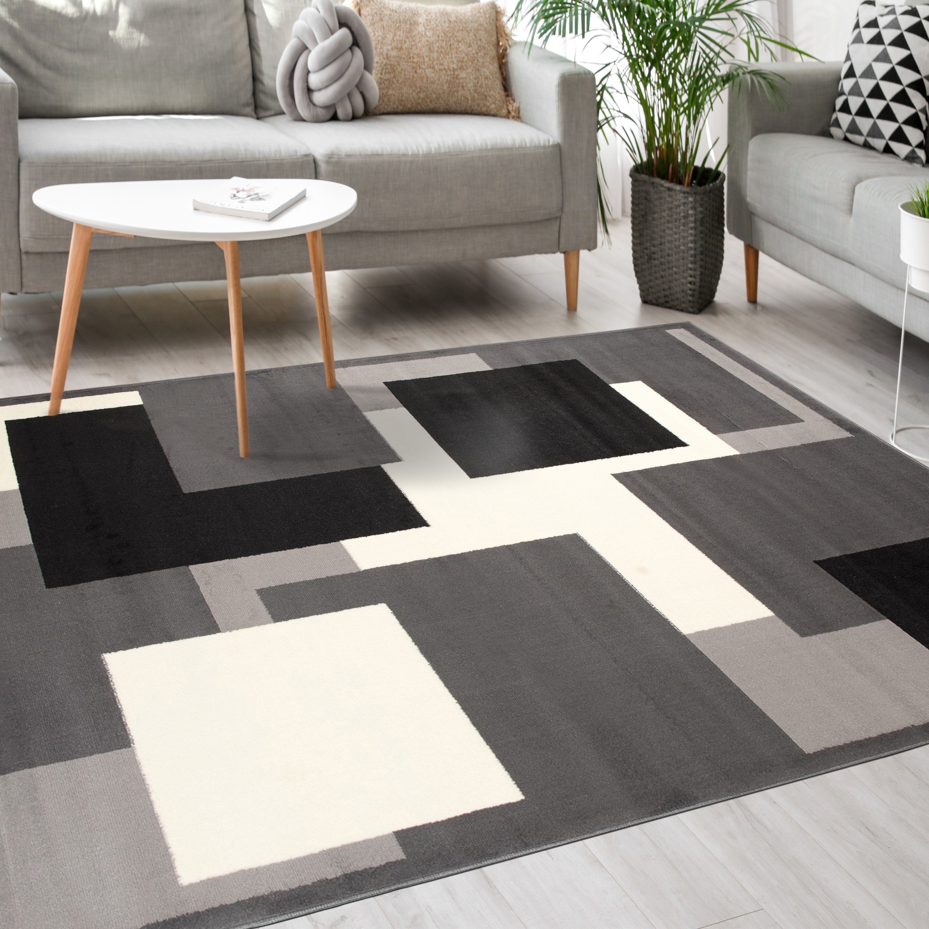 Designteppich Modern Teppich Kurzflor Wohnzimmerteppich Robust und pflegeleicht GRAU, Mazovia, 80 x 150 cm, Fußbodenheizung, Allergiker geeignet, Farbecht, Pflegeleicht, Geometrisch