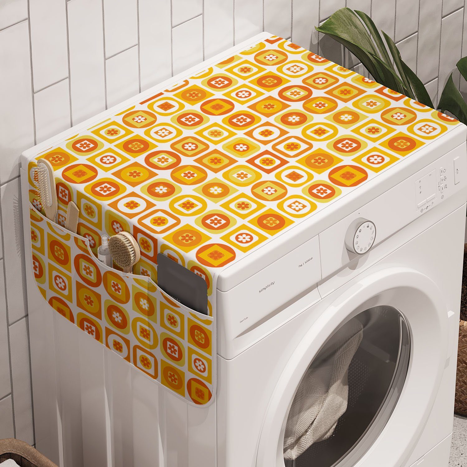 Abakuhaus Badorganizer Anti-Rutsch-Stoffabdeckung für Waschmaschine und Trockner, Blumen Würfel Quadrate geometrische Kunst