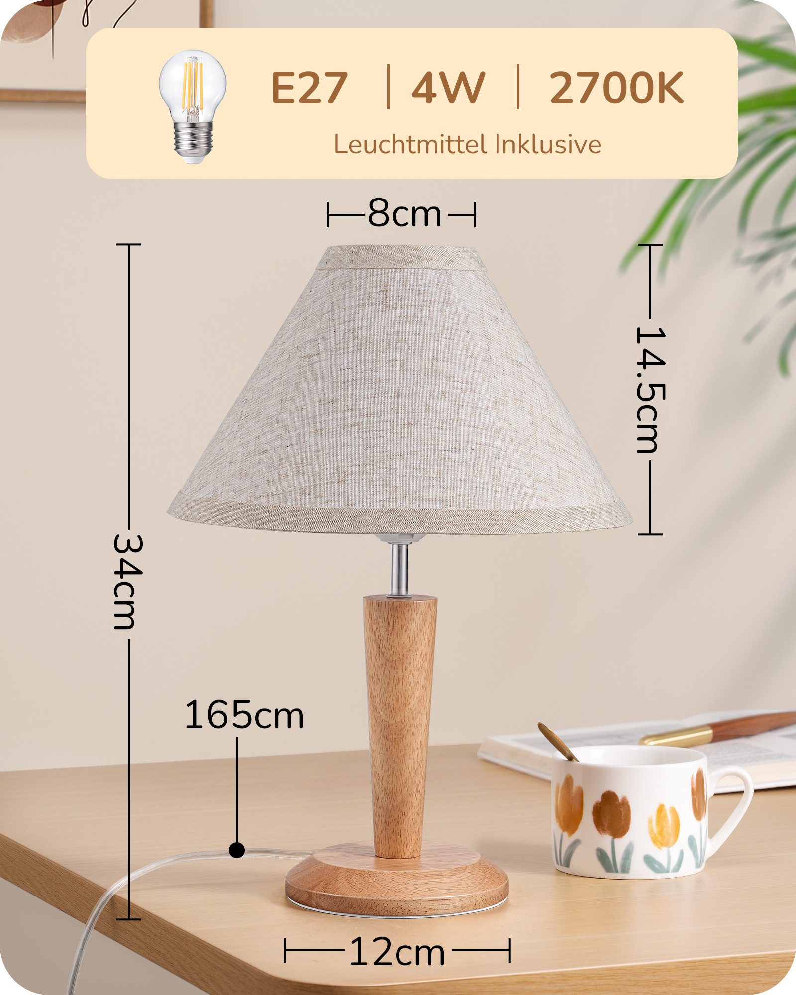 EDISHINE Nachttischlampe mit Massivholzsockel & Leinen-Lampenschirm, LED wechselbar, Warmweiß, Höhe 34 cm, inkl. 4W LED-Leuchtmittel