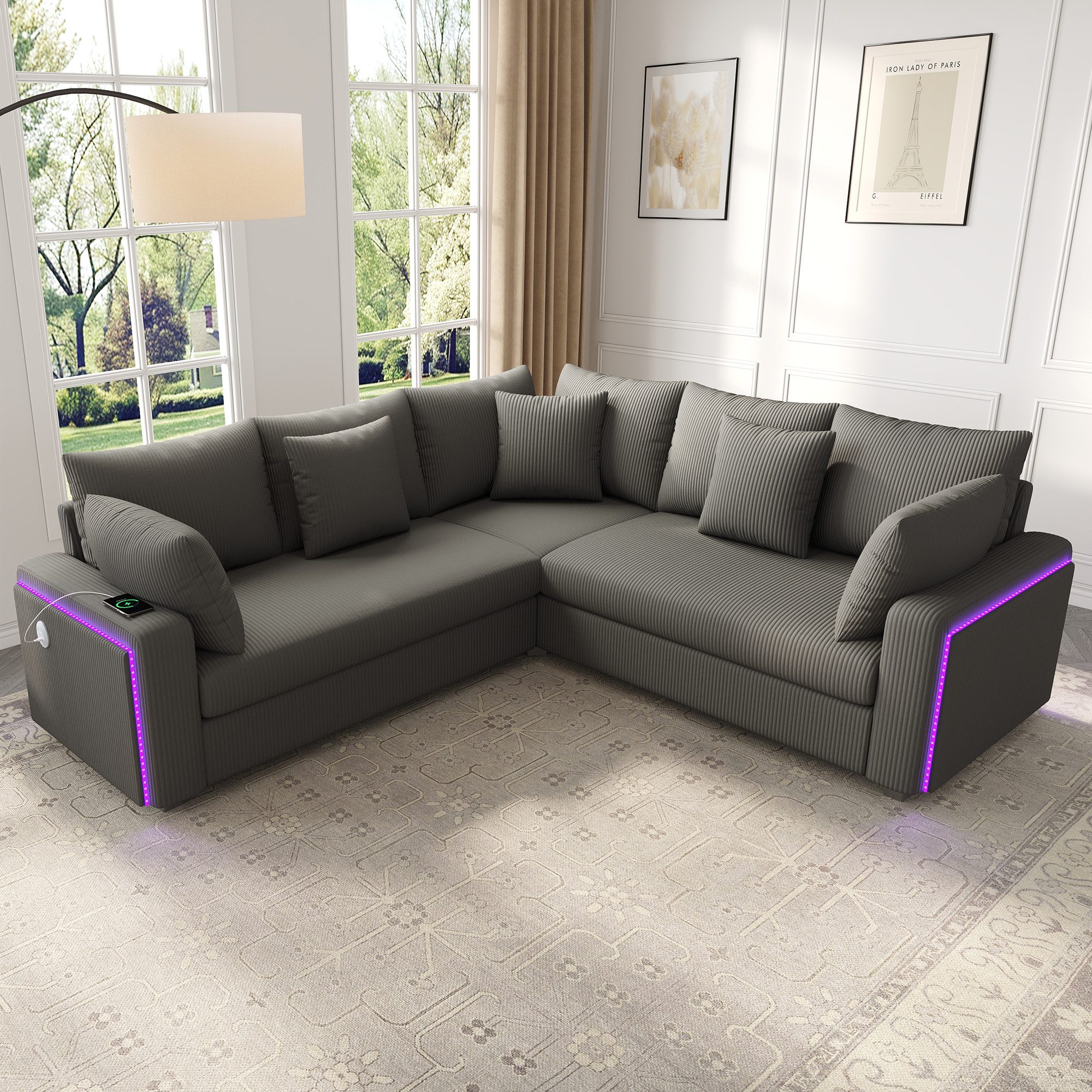 Merax Ecksofa mit LED-Beleuchtung und USB- & USB-C-Ladeanschluss, 198×198×83cm 1 Teile, L-förmiges Sofa Ecksofa, 5-Sitzer Couch mit Kissen, Cordstoff