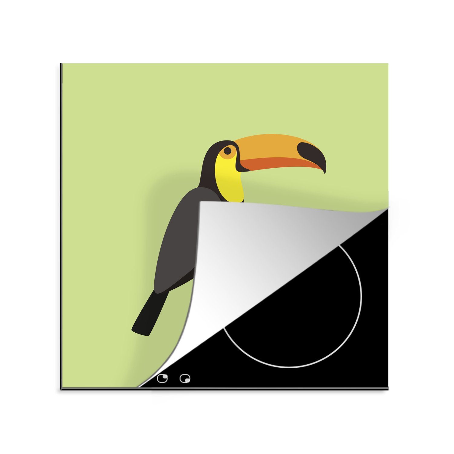 MuchoWow Herdblende-/Abdeckplatte Eine Illustration eines Tukans auf einem hellgrünen Hintergrund, Vinyl, (1 tlg), 78x78 cm, Ceranfeldabdeckung, Arbeitsplatte für küche