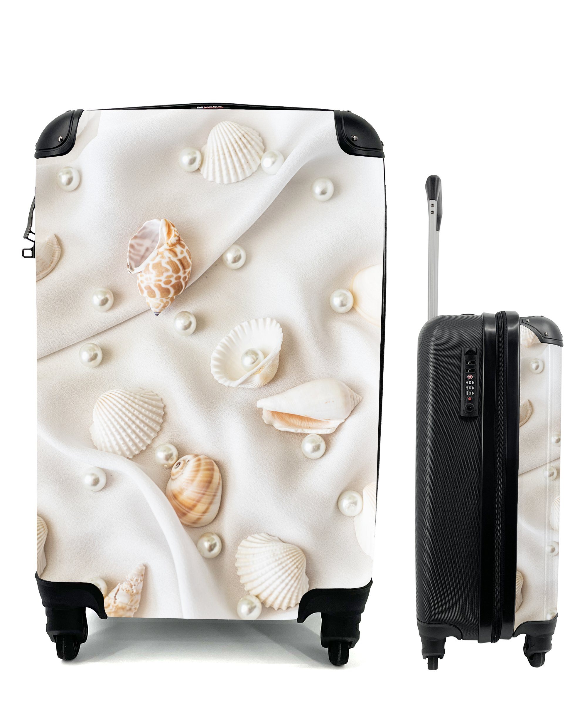 MuchoWow Handgepäckkoffer Muscheln und Perlen auf einer weißen Decke, 4 Rollen, Reisetasche mit rollen, Handgepäck für Ferien, Trolley, Reisekoffer