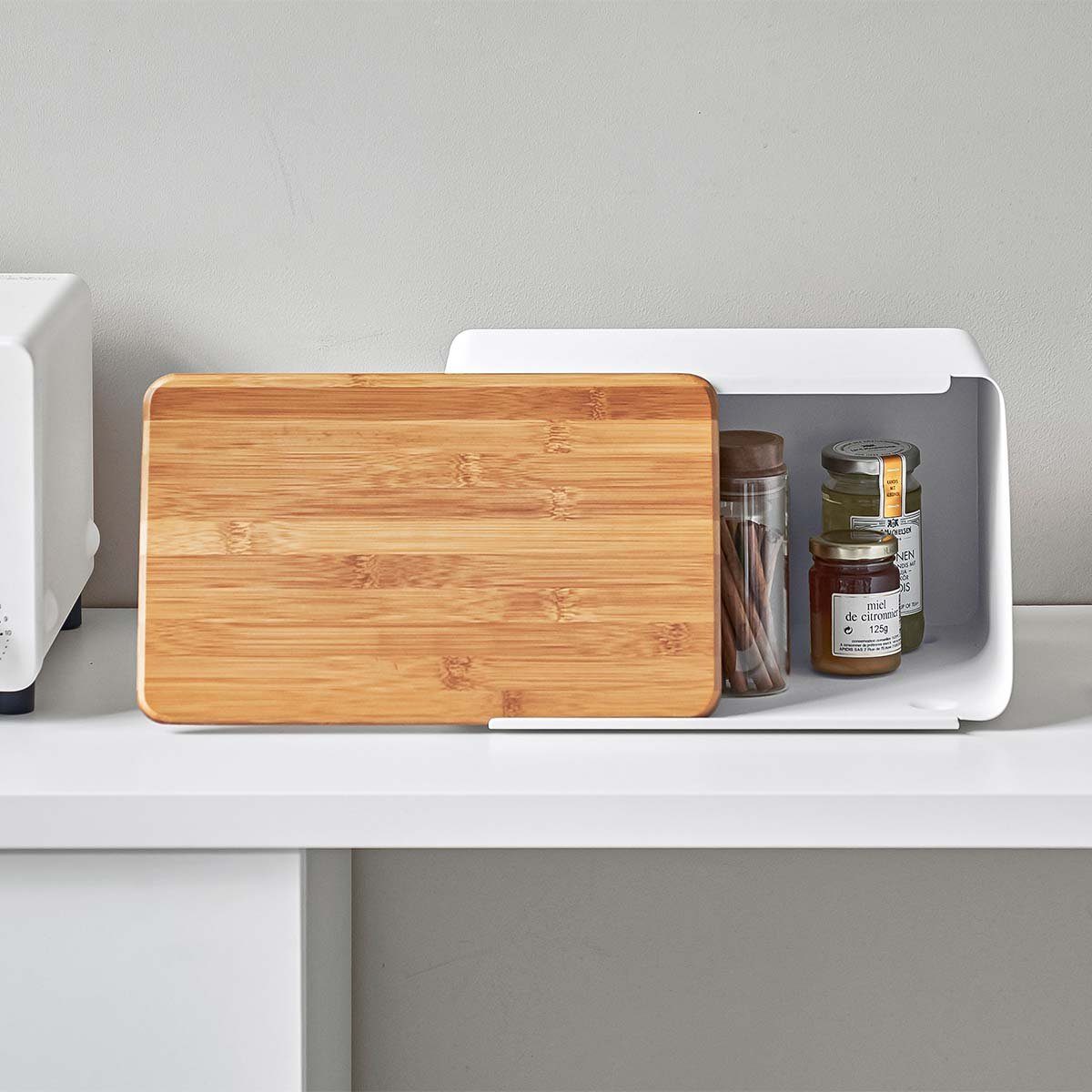 Yamazaki Brotkasten Tower Brotschrank Brotbox Kasten für Brot Aufbewahrung, Metall, (2-tlg), Deckel aus Bambus als Schneidbrett, Gehäuse aus Metall