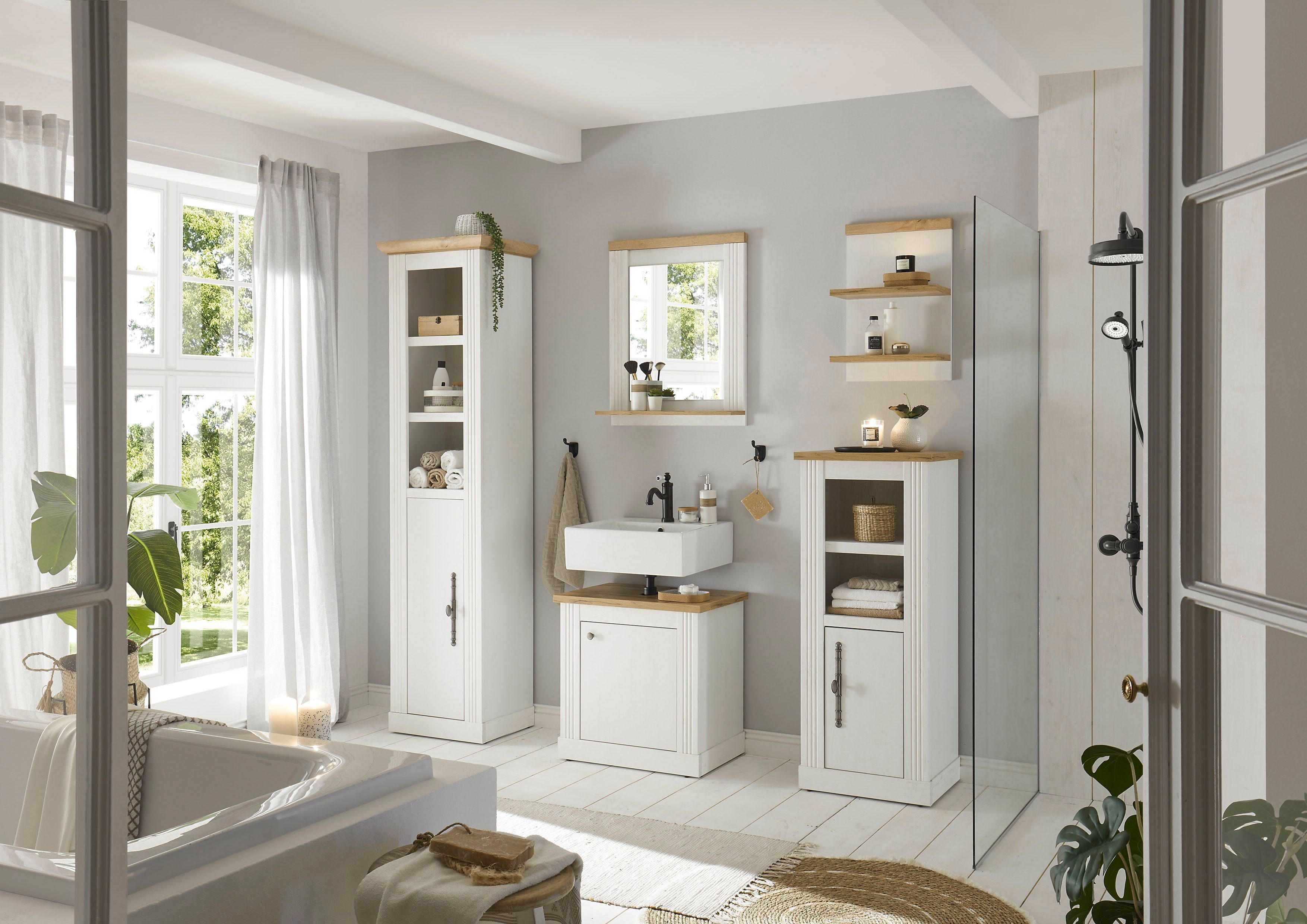 OTTO home Waschbeckenunterschrank WESTMINSTER, Waschtisch im Landhausstil, Badschrank mit Metallgriffen in 2 Farben verfügbar, mit Stauraum hinter Drehtür – Bild 2 von 5