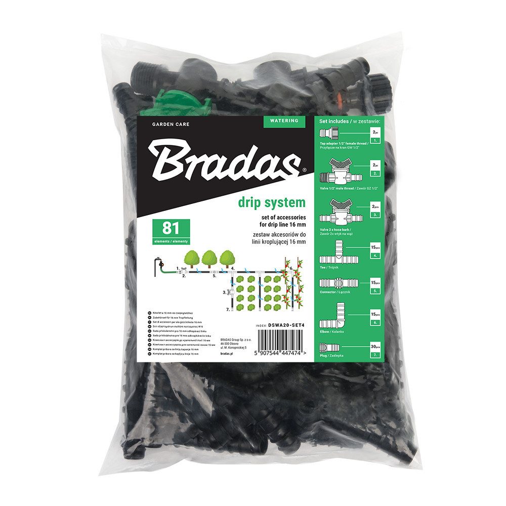Bradas Bewässerungssystem Bewässerungsarmatur-Set Tropfbewässerung 16mm 81tlg Tropfschlauch