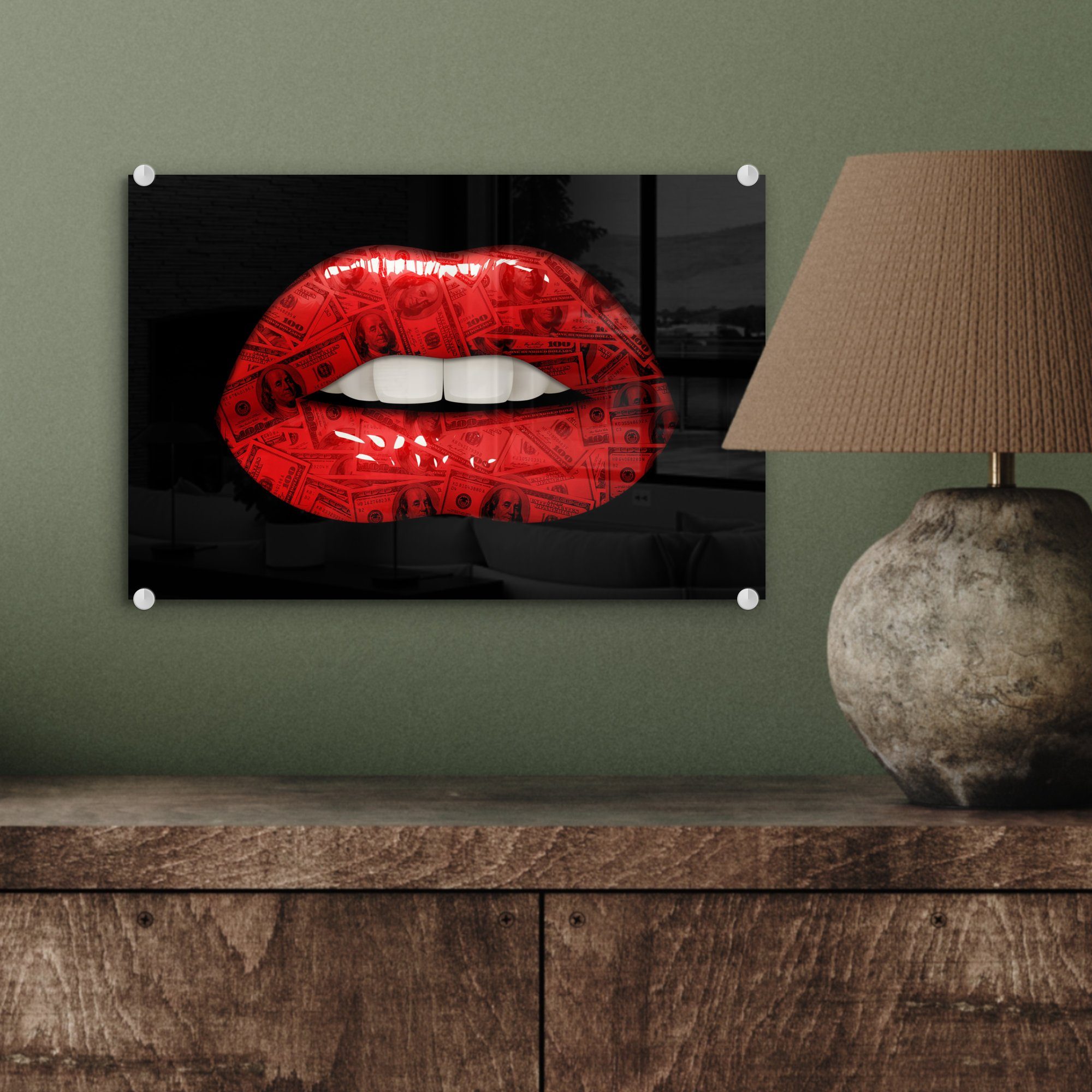 Lippen Wandbild Rot, Glas MuchoWow - Glas Geld auf Glasbilder St), - Wanddekoration auf - - - Acrylglasbild Bilder Foto (1