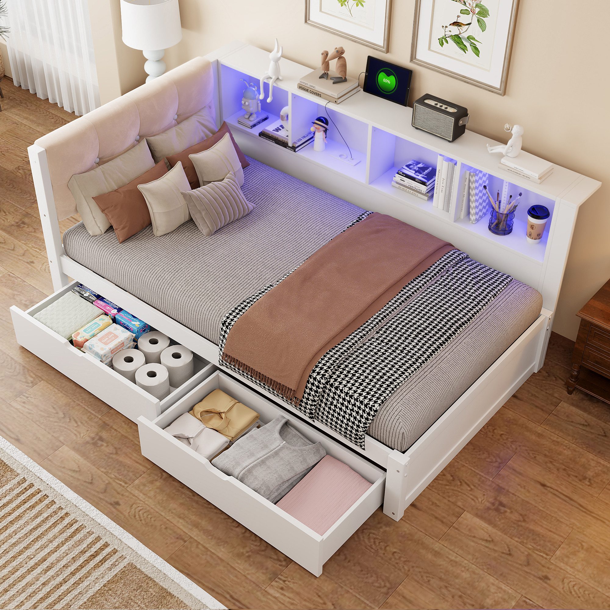 Merax Daybett mit LED-Beleuchtung & USB Anschluss (Jugendbett Schlafsofa Sofabett Kinderbett mit gepolstertem Kopfteil, 1 tlg), Kiefernholz Tagesbett 90x200 cm mit Schubladen, Regal & Stauraum