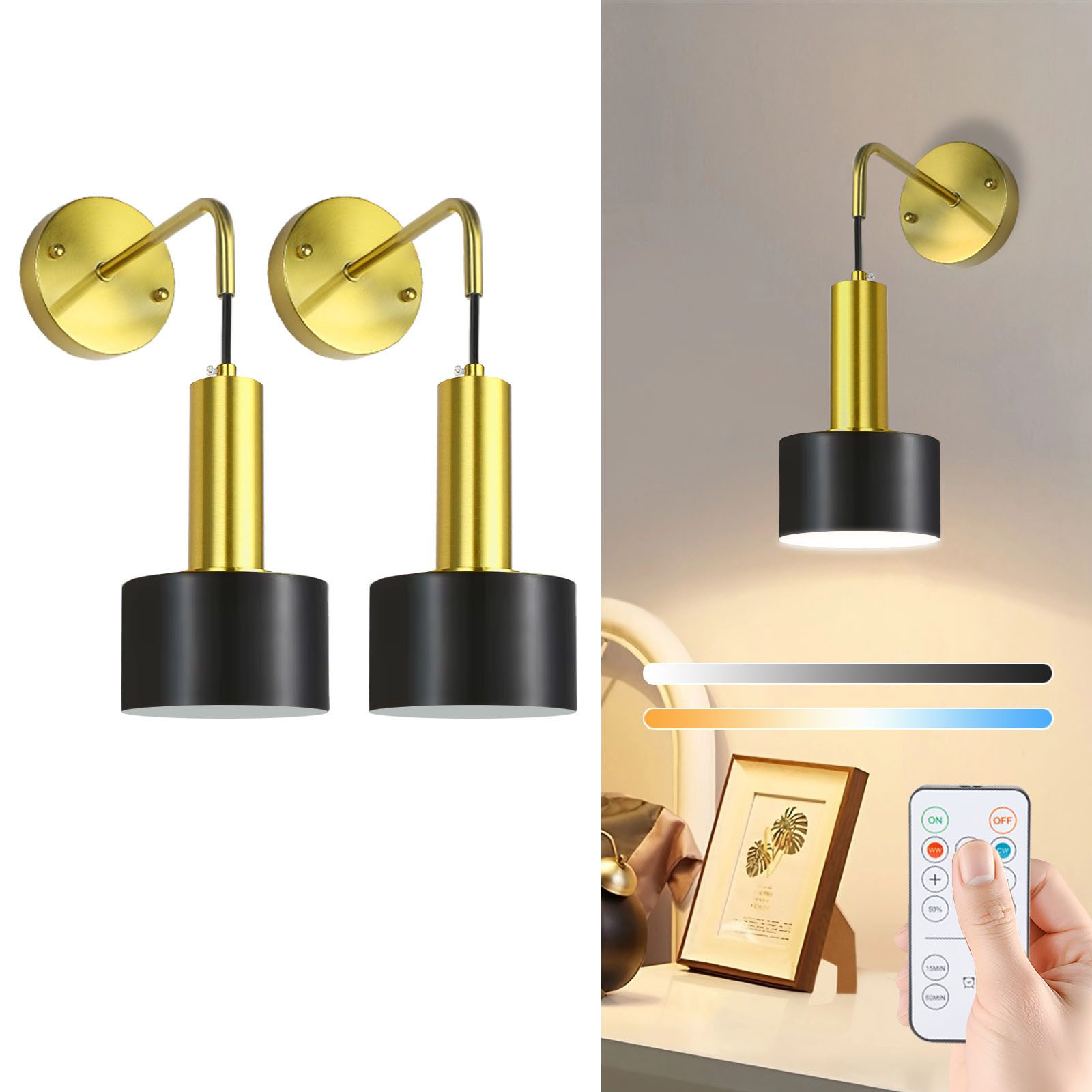 POPOLIC LED Wandleuchte NachttischLampe Wand-Leselampe, schwarz-goldene kabellose Wandleuchte, Wiederaufladbar, dimmbare Innenbeleuchtung, moderne LED-Wandleuchten für Schlafzimmer