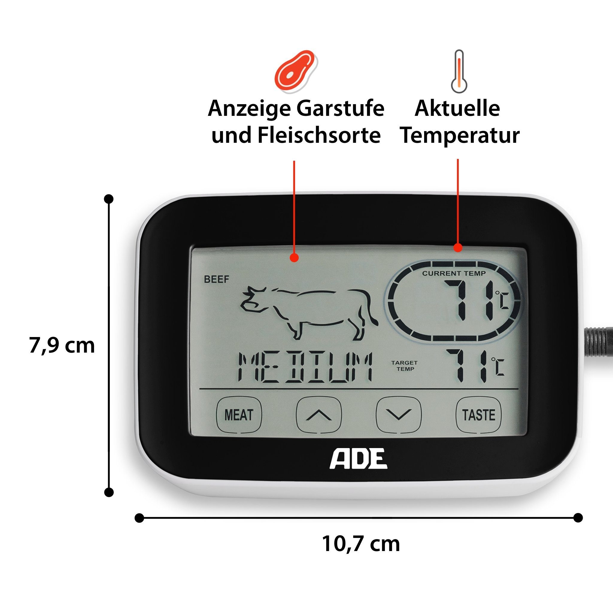 ADE Bratenthermometer Funk-Grillthermometer mit Touch-Display, mit Funkempfänger, Fühler aus Edelstahl, 5 Garstufen, Touch-Display