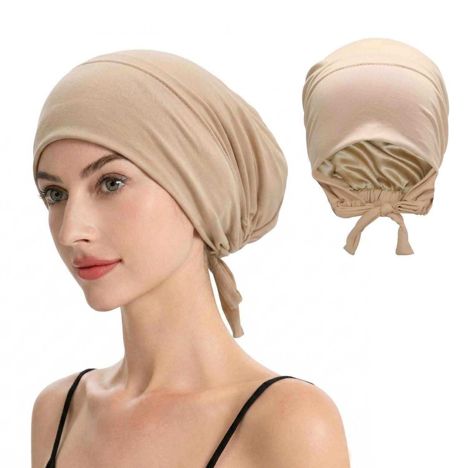 LuxusKollektion Hijab Hijab-Mütze Satin gefüttert Creme-Rosa (1-St)