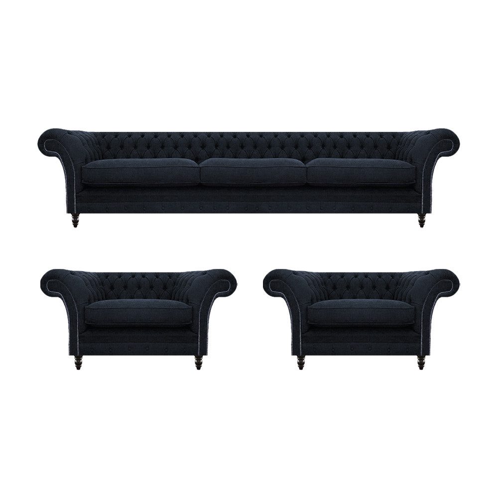 JVmoebel Chesterfield-Sofa Blau Sofagarnitur 3tlg 2x Sessel Sofa Dreisitze Couch Einrichtung, 3 Teile, Made in Europa