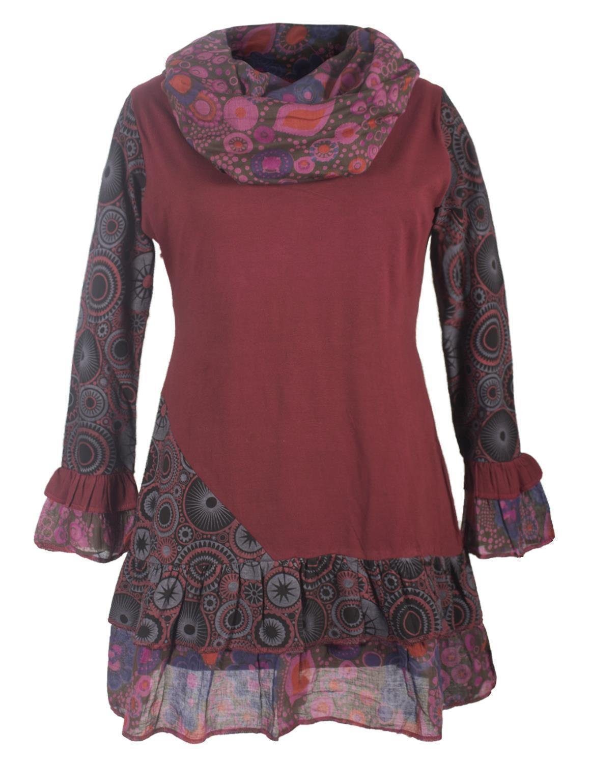 VISHES Midikleid Langarm Mandala Rüschen-Kleid mit Kapuzenschal Elfen, Boho, Goa Hippie Style mehr